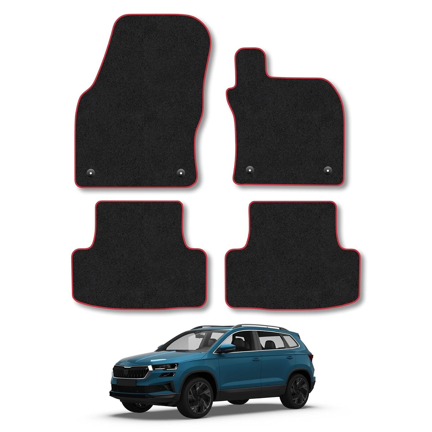 Skoda Karoq (2017+) Car Mats Accessories Tailored Fit Carpet Floor Mats Non Slip Red Trim Accessory Compatible Front Rear Set Anti Slip Backing Custom Fit Hand-Finished Full Coverage Clips