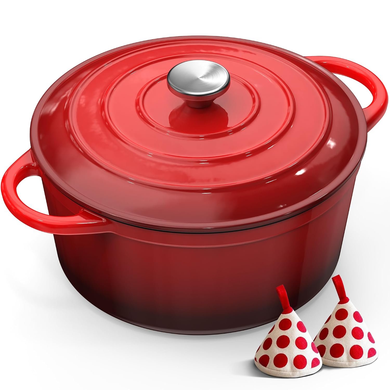 Cast Iron Dutch Oven - 26CM 5L Casserole Dish with Lid Enamelled Cast Iron Round Pot for Bread Baking Braising Stews Roasting, Dutch Pot with Heat-resistant Gloves Easy to Clean - Red Topbooc
