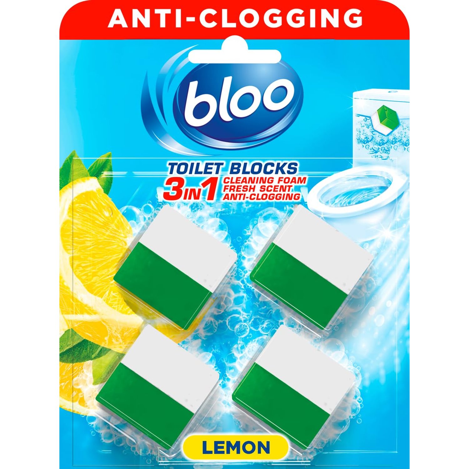 New Bloo Toilet Blocks, Pack of 4, Toilet Limescale Remover Cistern Block, Toilet Cleaner Block with Cleaning and Foaming Action, Toilet Fresheners – Lemon