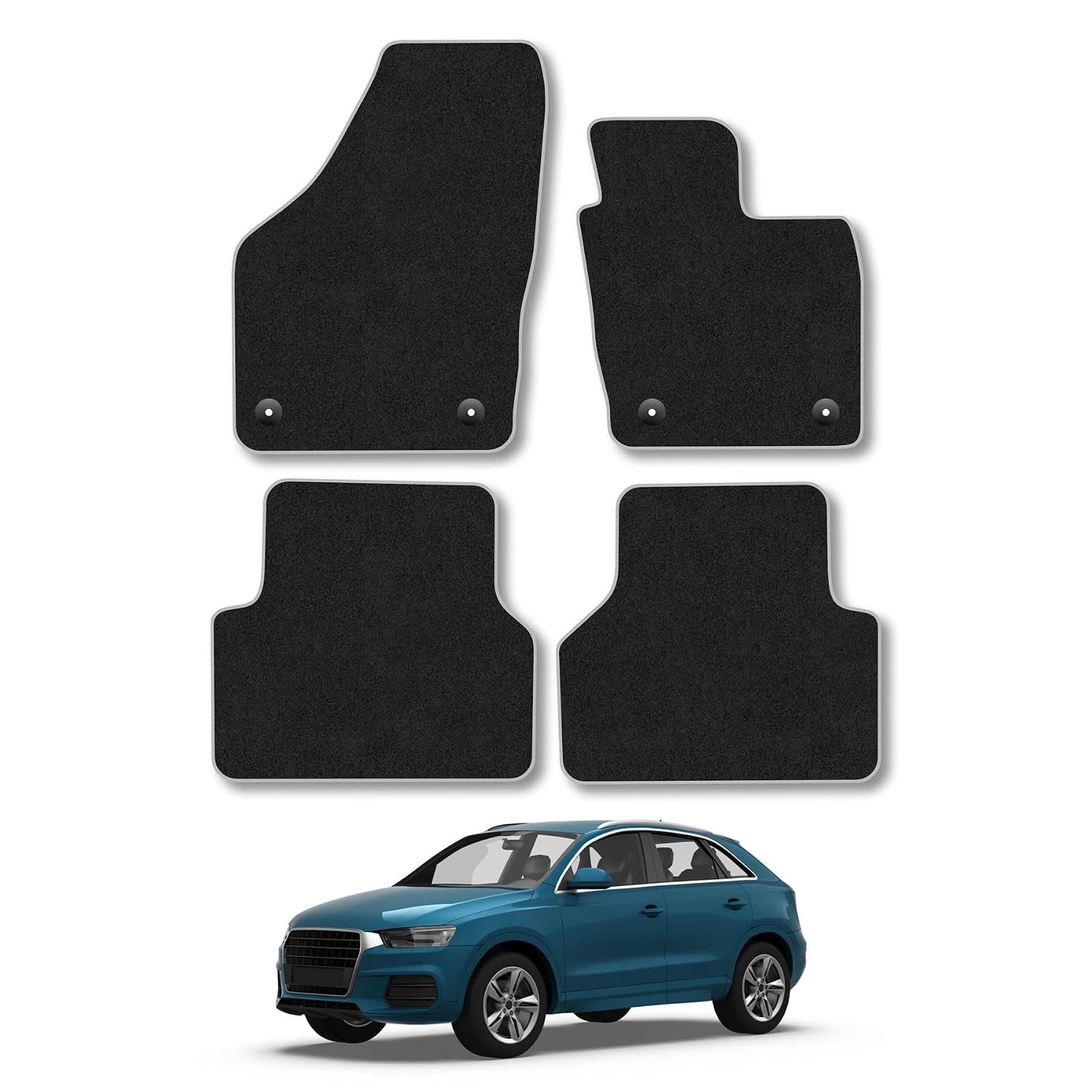 Audi Q3 (2011-2018) Car Mats Accessories Tailored Fit Carpet Floor Mats Non Slip Grey Trim Accessory Compatible Front Rear Set Anti Slip Full Coverage Granulated Backing Hand-Finished Clips