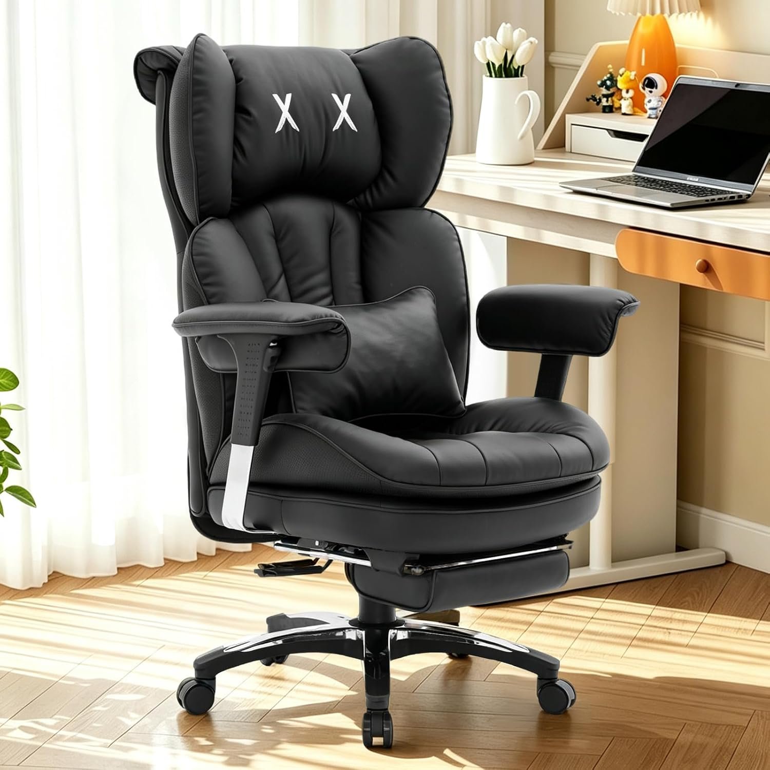 Efomao Desk Office Chair, Heavy Duty 200kg Big and Tall Executive Computer Chair, Unique XX Embroidery Ergonomic High Back PU Leather Chair with Retractable Footrest, Black