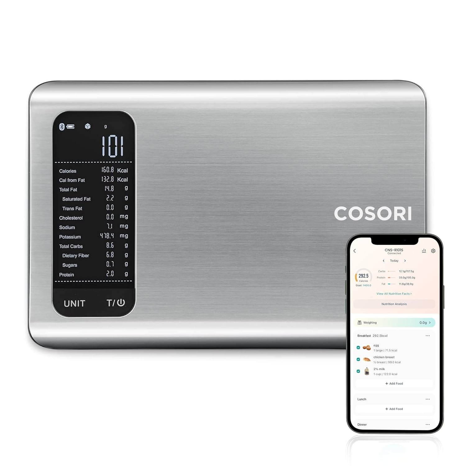 Cosori Smart Kitchen Food Scales, Free App with 1.9 million UK Food Database, Nutrition Scale with 19 Nutrients Tracking, Calorie Counting for Weight Loss&Fitness, Premium Stainless Steel, Silver