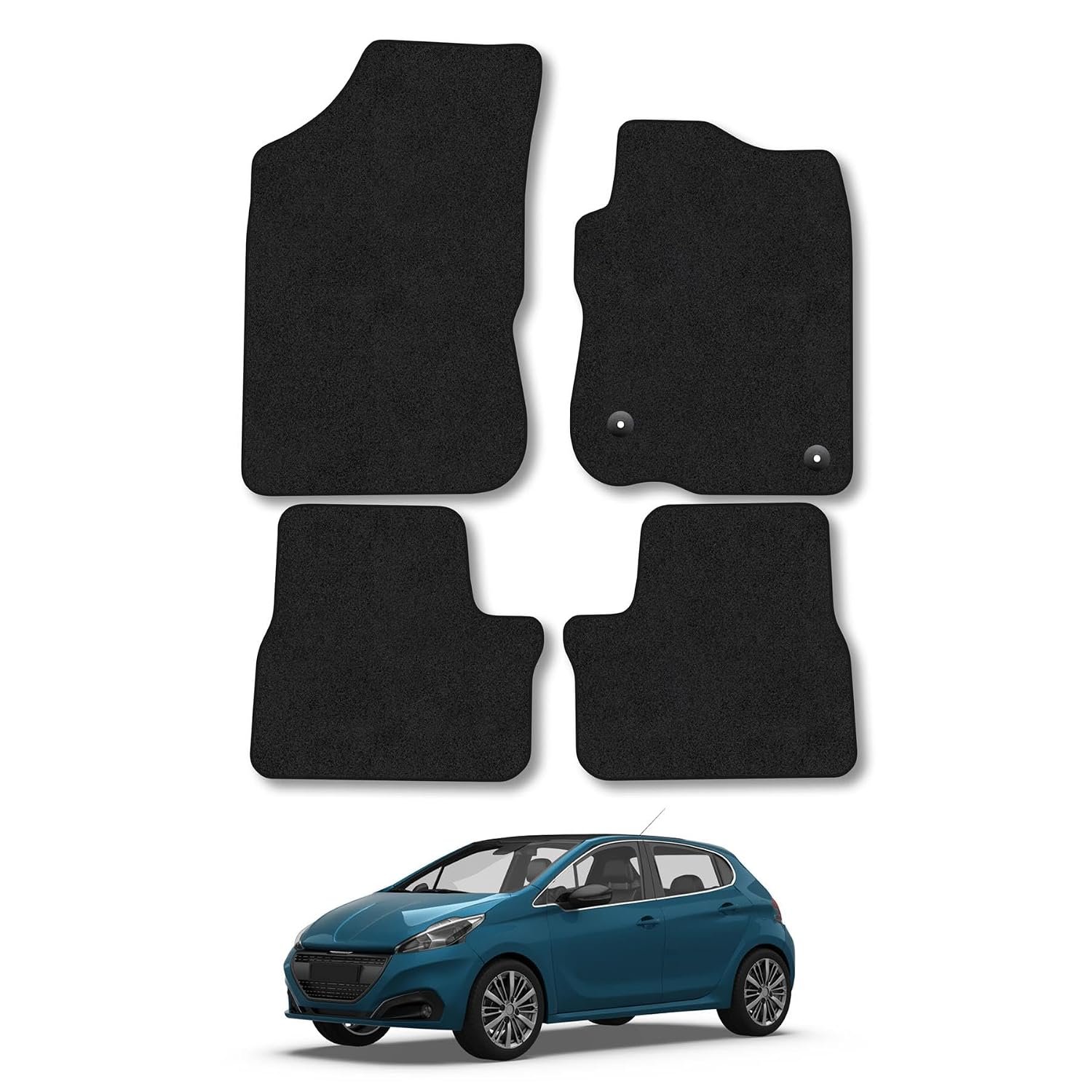 Peugeot 208 (2012-2020) Car Mats Accessories Tailored Fit Carpet Floor Mats Non Slip Black Trim Full Coverage Compatible Accessory Front Rear Set Anti Slip Granulated Backing Hand-Finished Clips