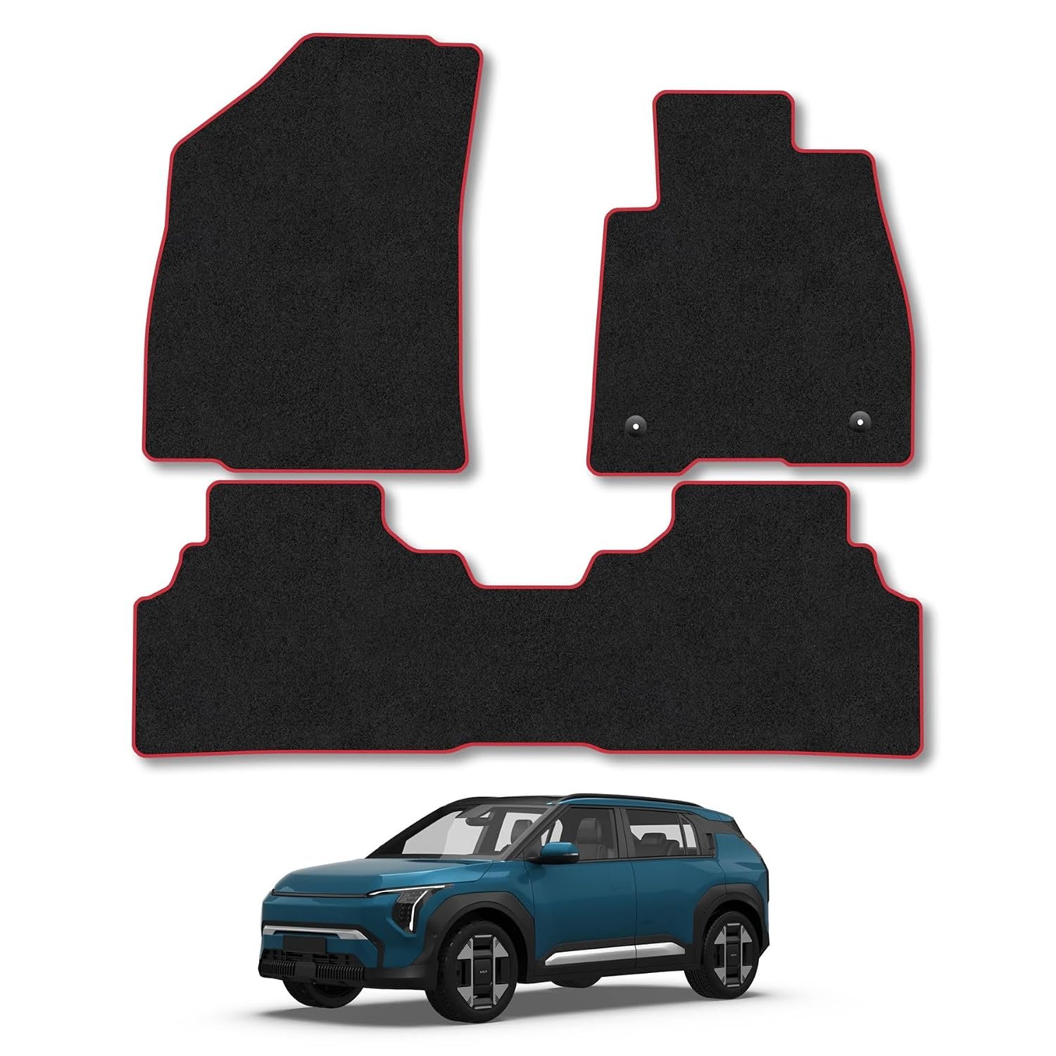 Kia [EV3] (2024+) Car Mats Accessories Tailored Fit Carpet Floor Mats Non Slip Red Trim Accessory Compatible Front Rear Set Anti Slip Backing Custom Fit Hand-Finished Full Coverage Clips
