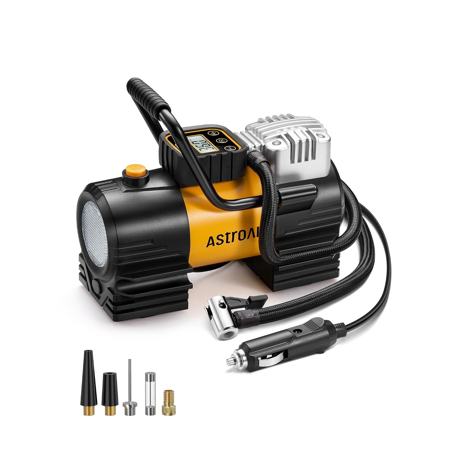 AstroAI Tyre Inflator Portable Air Compressor DC 12V, Fast Inflation Digital Car Tyre Pump for Compact SUV, Preset/Auto-Off/Memory Function, Metal Structure with 22 Cylinders, Super Bright Light