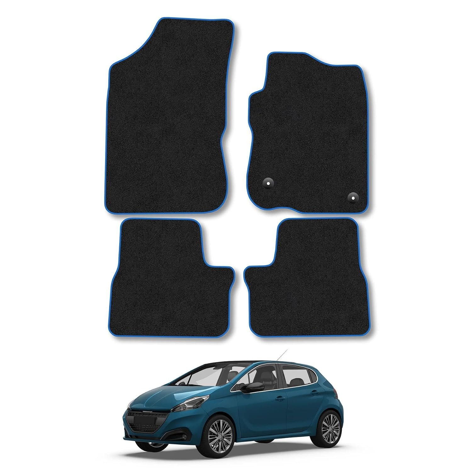 Peugeot 208 (2012-2020) Car Mats Accessories Tailored Fit Carpet Floor Mats Non Slip Blue Trim Full Coverage Compatible Accessory Granulated Backing Front Rear Set Anti Slip Hand-Finished Clips