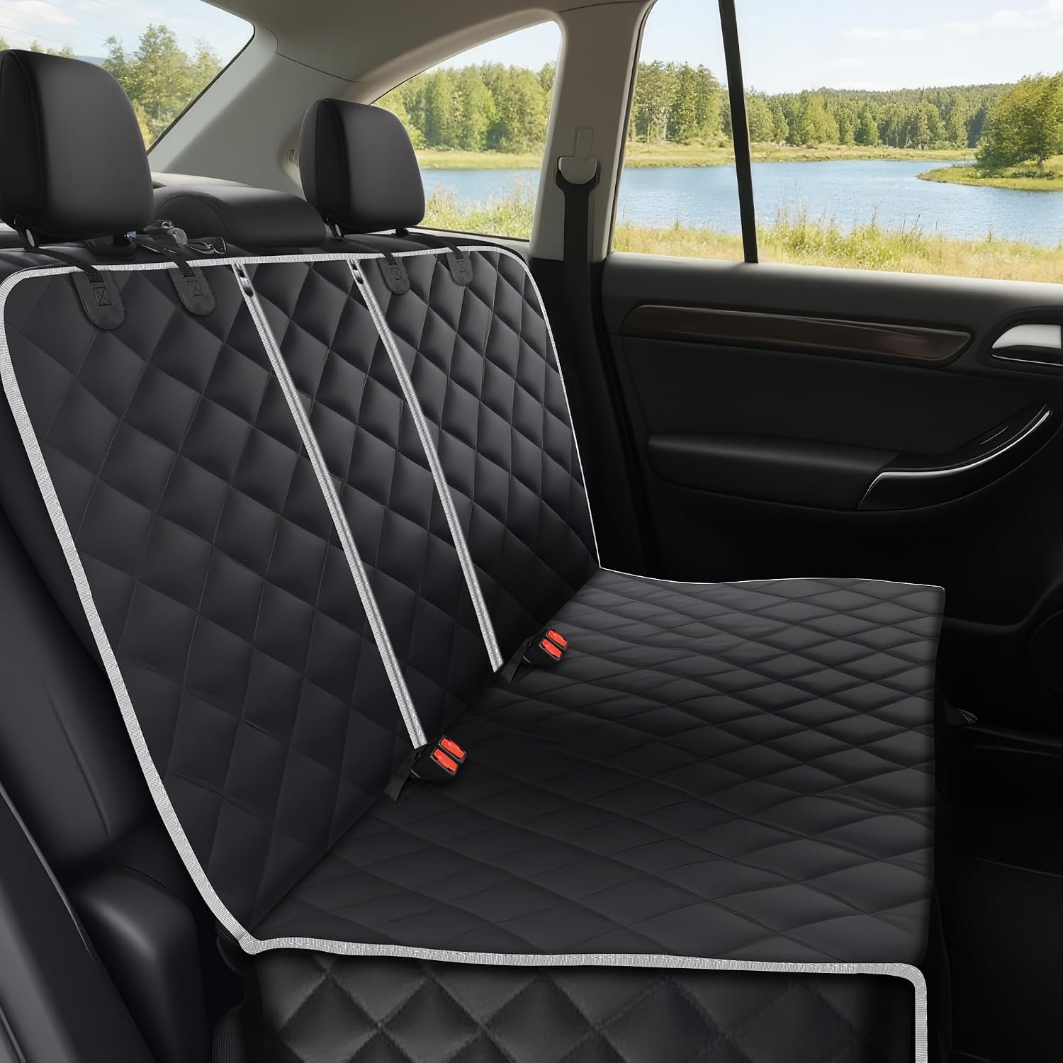 Alfheim Dog Car Back Seat Cover, Waterproof Non-Slip Pet Rear Seat Protector with Armrest Opening, Durable Washable Travel Hammock for Car Trucks SUV (White)