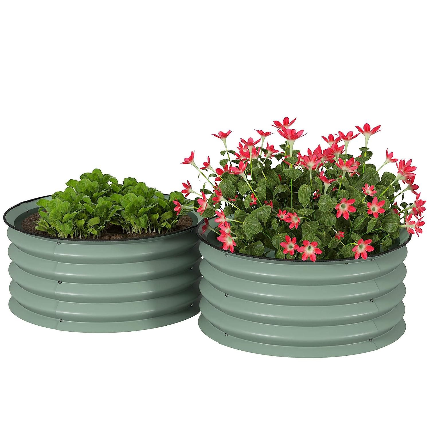 Outsunny Steel Raised Beds for Garden Set of 2, Outdoor Elevated Planter Box with Safety Edging, Easy-to-assemble Stock Tank for Growing Flowers, Herbs and Vegetables, Green