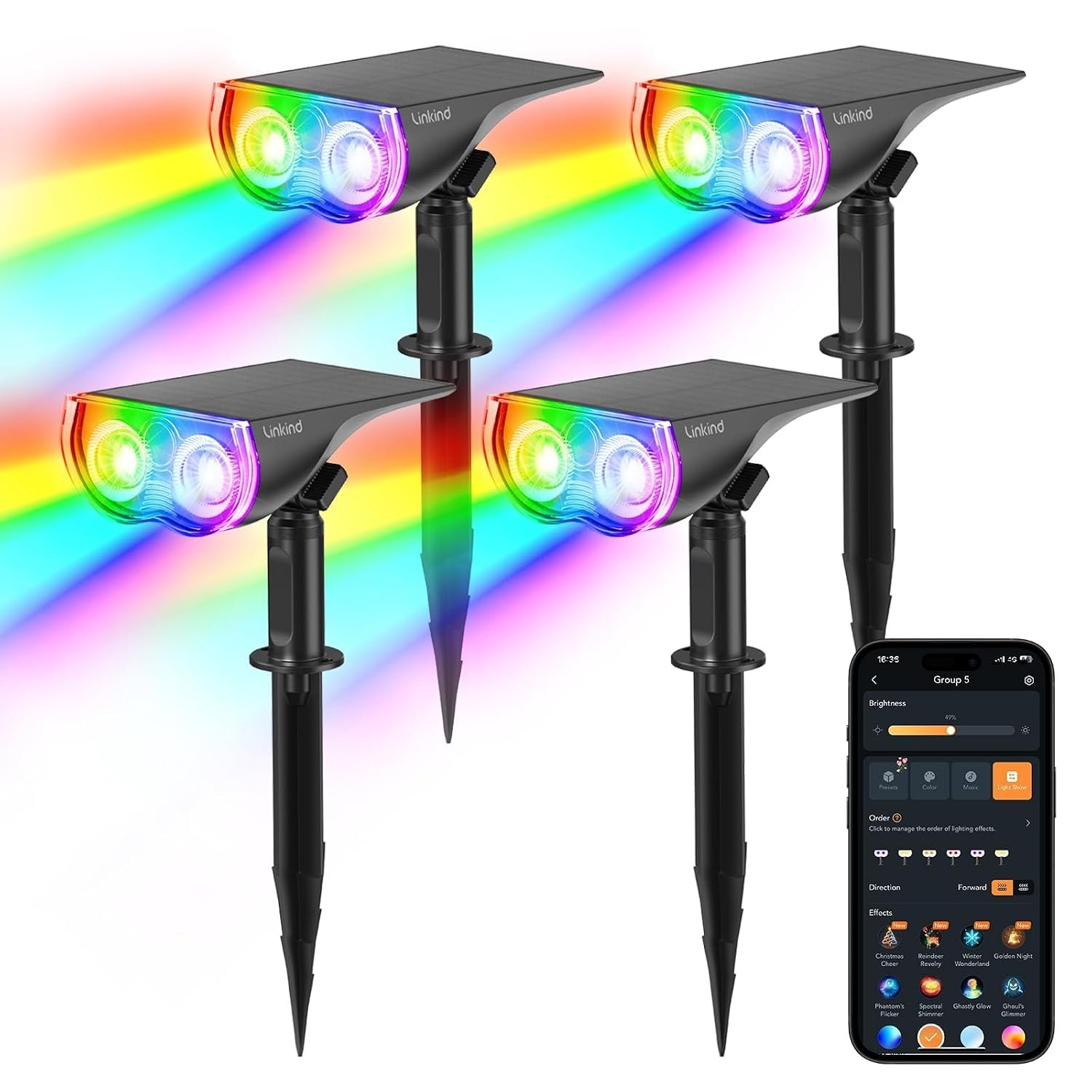 Linkind Smart Outdoor Solar Lights, RGBTW Colour Changing Waterproof Solar Spotlight with APP, Garden & Pathway Stake Lights, 4-Pack