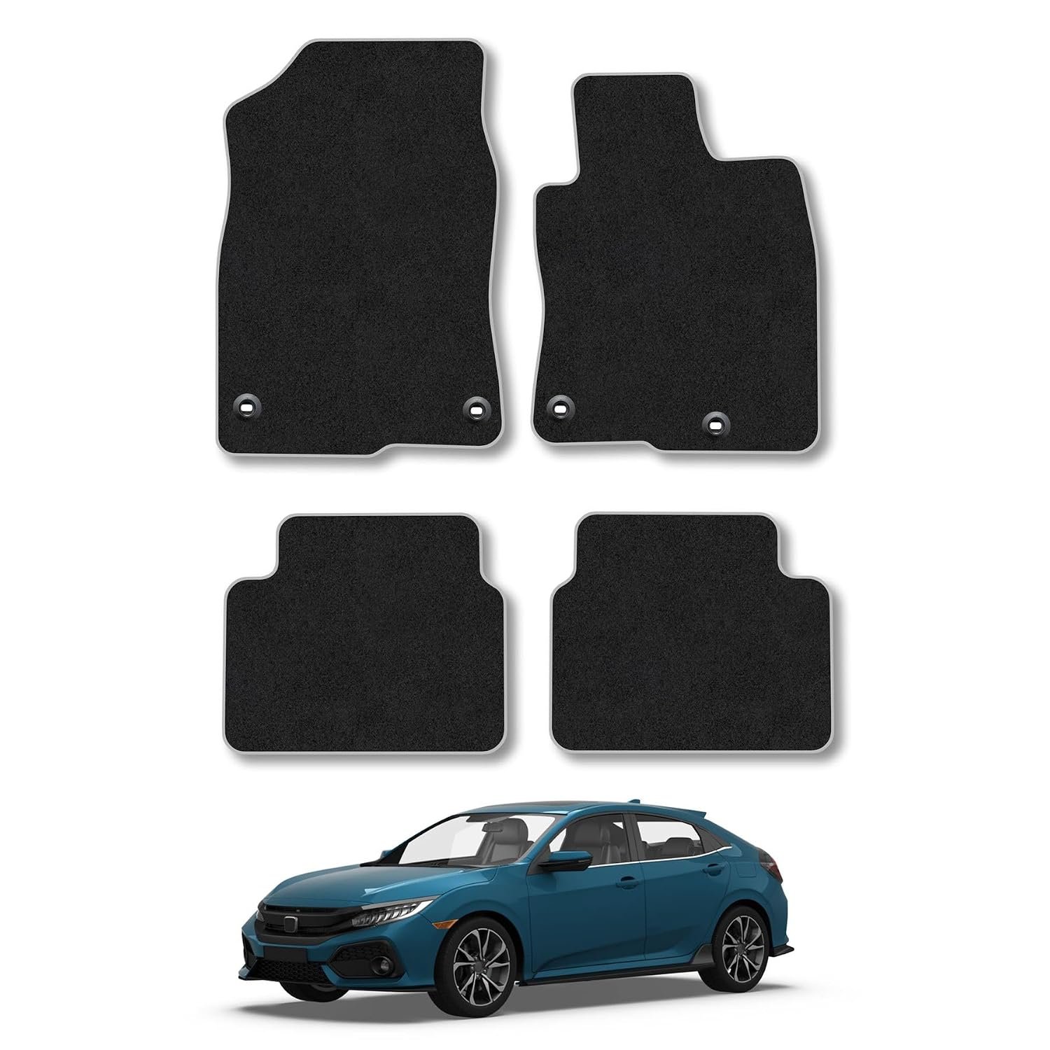 Honda Civic (2017-2022) Car Mats Accessories Tailored Fit Carpet Floor Mats Non Slip Grey Trim Accessory Compatible Front Rear Set Anti Slip Full Coverage Granulated Backing Hand-Finished Clips