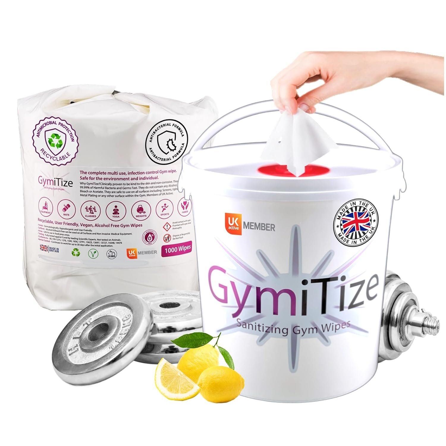 GymiTize Gym Wipes Alcohol Free, Antibacterial, Surface Wipes, Anti Bac, Kills: 99.99% of Germs & Bacteria, Norovirus, Flu Virus, and MRSA, (1 Bucket 1 Refill)