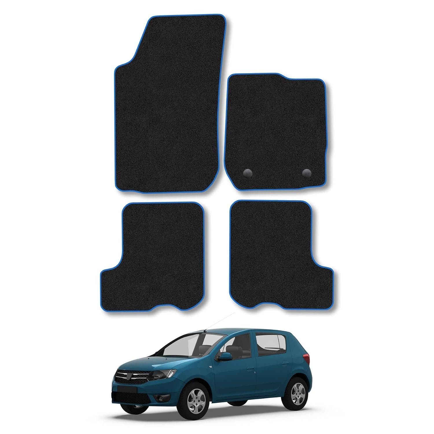 Dacia Sandero (2013-2020) Car Mats Accessories Tailored Fit Carpet Floor Mats Non Slip Blue Trim Full Coverage Compatible Accessory Granulated Backing Front Rear Set Anti Slip Hand-Finished Clips