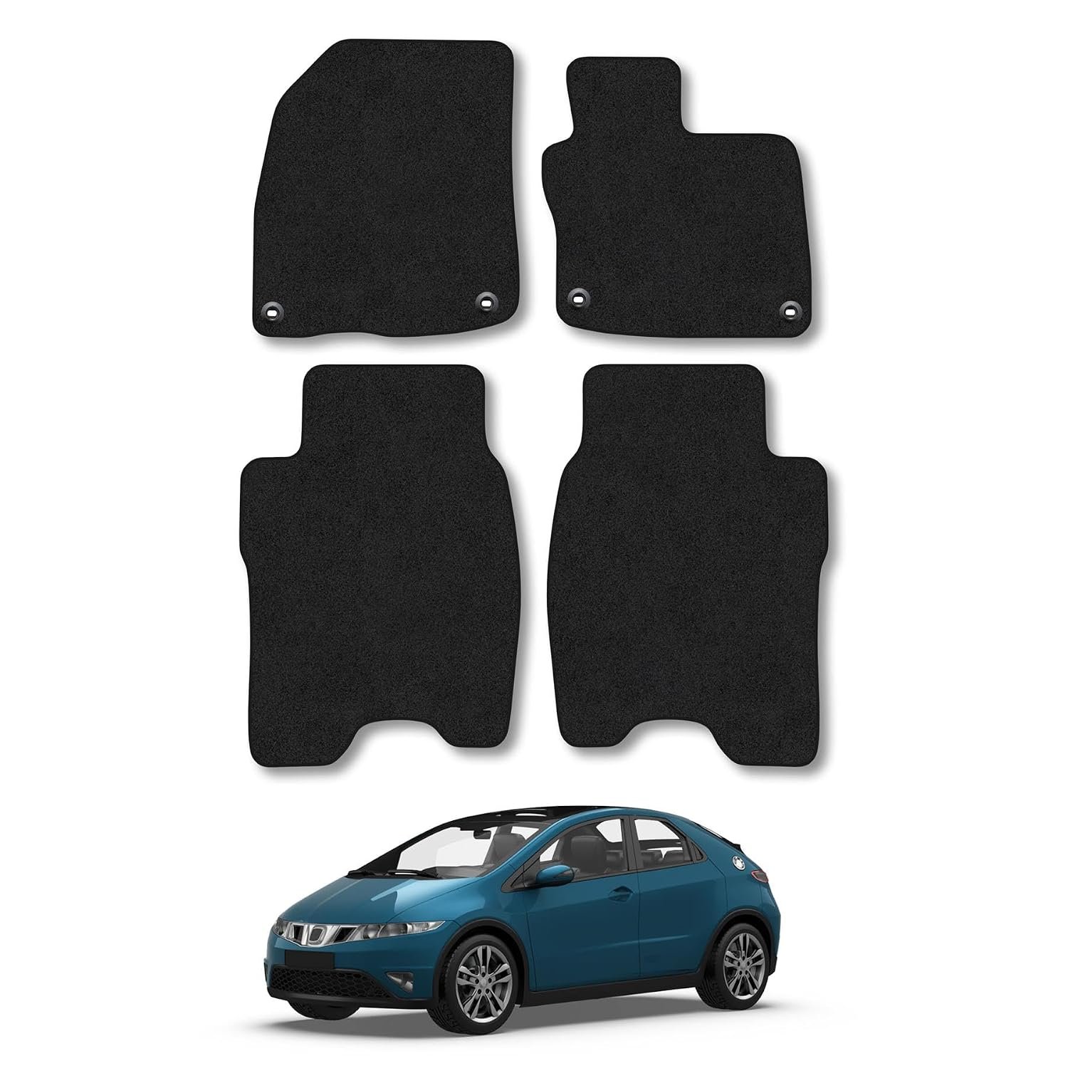 Honda Civic (2008-2012) Car Mats Accessories Tailored Fit Carpet Floor Mats Non Slip Black Trim Full Coverage Compatible Accessory Front Rear Set Anti Slip Granulated Backing Hand-Finished Clips