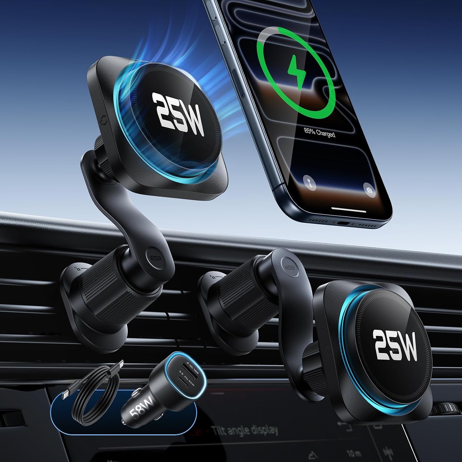 ESR OmniLock Qi2.2 Certified 25W MagSafe Car Mount Charger with CryoBoost, Phone Cooling MagSafe Car Charger,360° Rotatable, Air Vent Magnet Wireless Car Charger for iPhone 17/16 with iOS 26,S26 Ultra