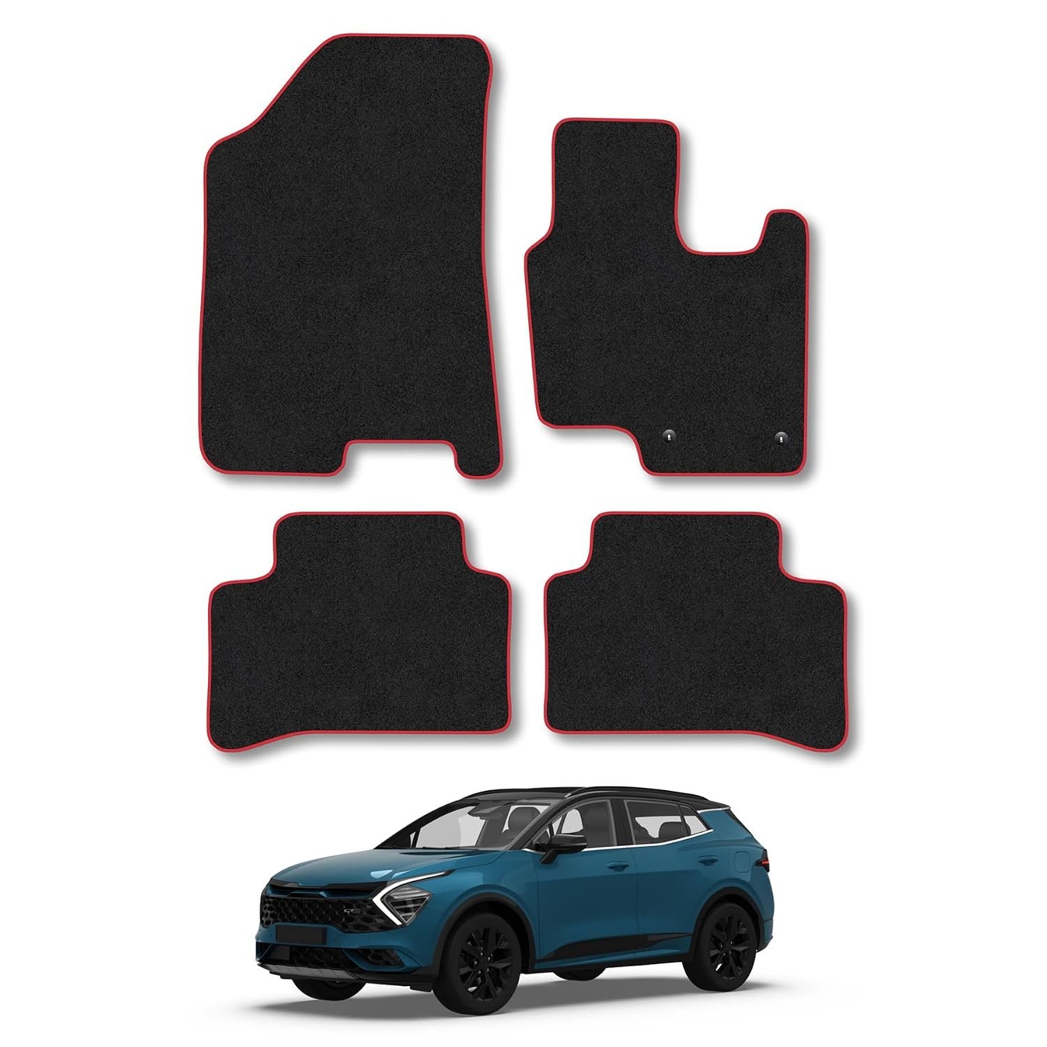 Kia Sportage Non-hybrid (2022+) Car Mats Tailored Fit Carpet Floor Mats Non Slip Red Trim Full Coverage Compatible Accessory Front Rear Set Anti Slip Granulated Backing Hand-Finished Clips