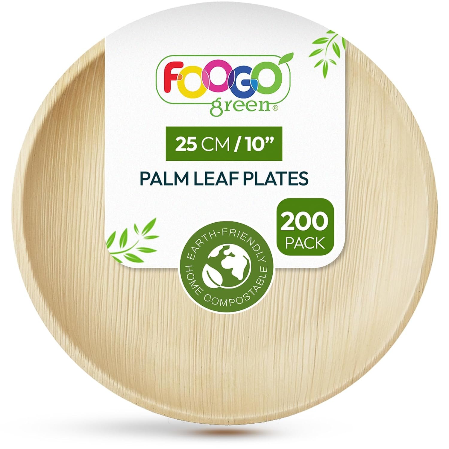 FOOGO Green 200pcs Disposable Palm Leaf Plates, 10"(25cm) Large Round, Eco Friendly Biodegradable Compostable Like Wooden, Bamboo, Paper Plates, for Hot Food, Wedding Picnic Parties