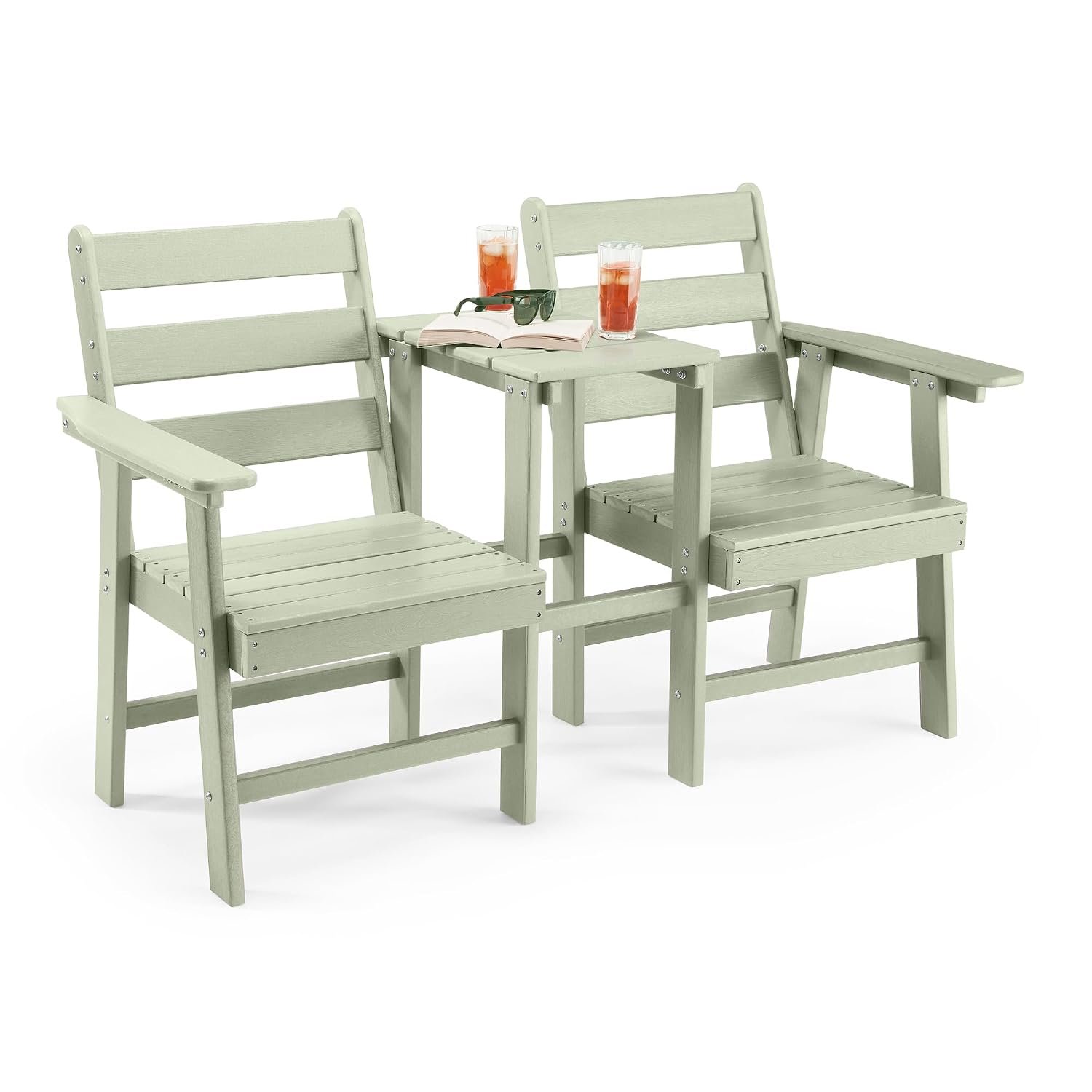 VonHaus Adirondack Love Seat for Garden - 2 Seater Sage Green Jack & Jill Loveseat Patio Set - 2 Person HDPE Companion Set with Built-in Parasol Hole for Terrace, Balcony & Outdoor - Westport