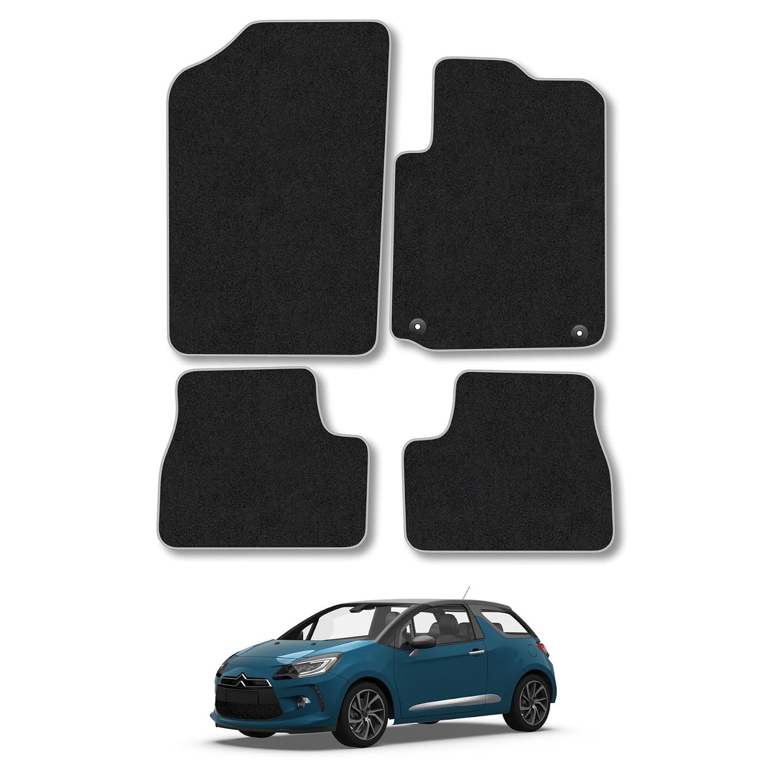 Citroen DS3 (2010-2016) Car Mats Accessories Tailored Fit Carpet Floor Mats Non Slip Grey Trim Accessory Compatible Front Rear Set Anti Slip Full Coverage Granulated Backing Hand-Finished Clips