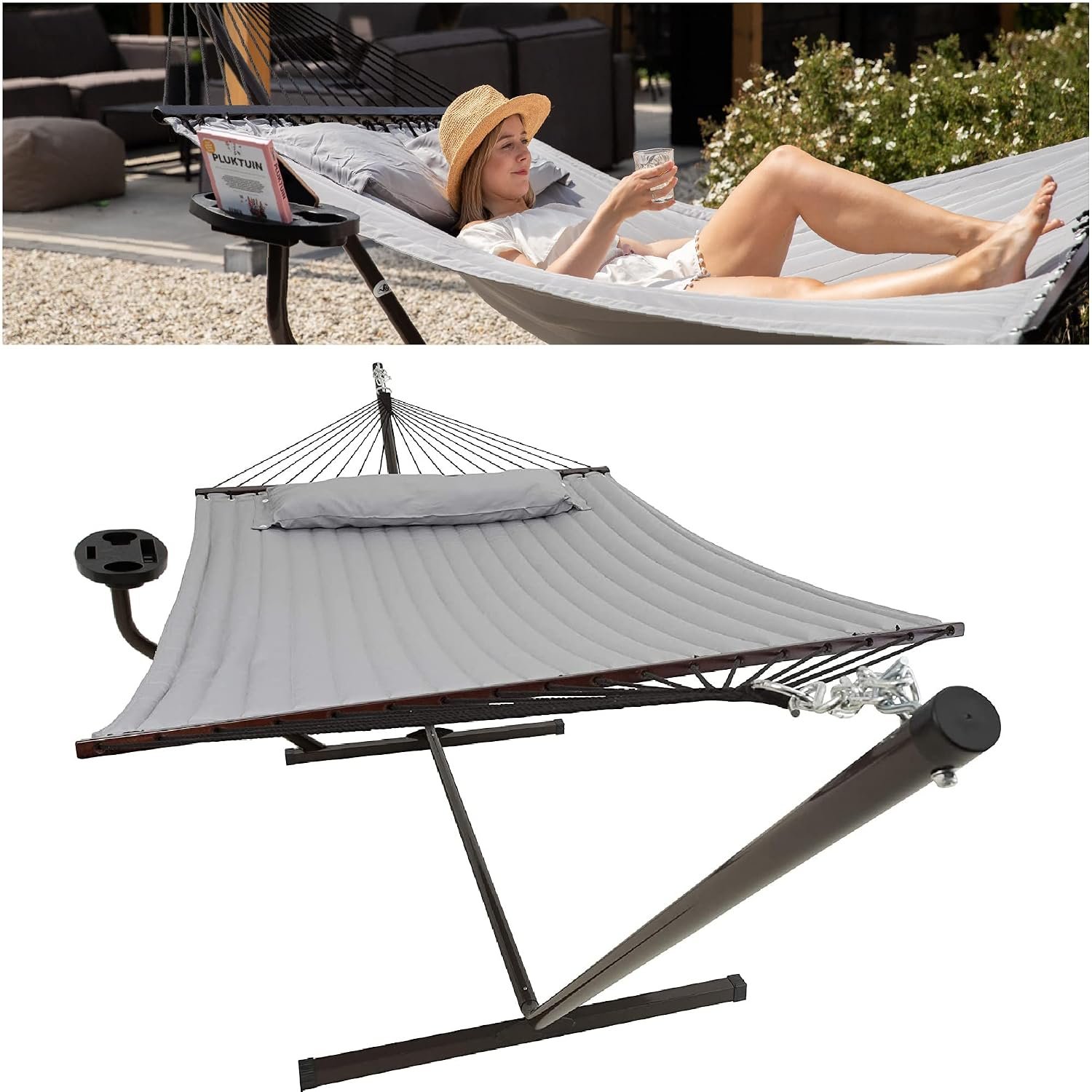 Vita5 Hammock Stand with Sidetable, Garden Hammocks 2 Persons, Side Table & Detachable Pillow, Heavy Duty 200kg Capacity, Indoor and Outdoor Hammock for Patio, Pool or Backyard (Light Grey)