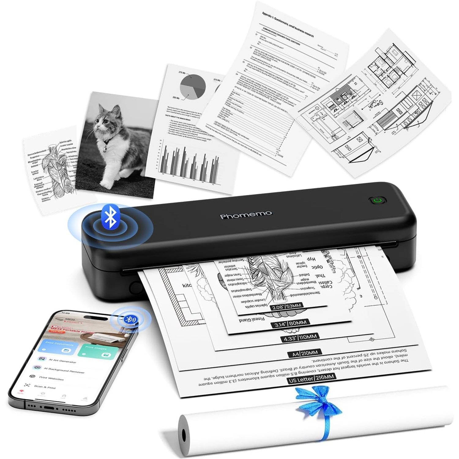 Phomemo M834 Portable Printer, Thermal Printer A4 Compatible with Phone & Laptop, Bluetooth Inkless Printer for Home Use, Inkless Printer for Office, Photo, Home, School, Outdoor, Black
