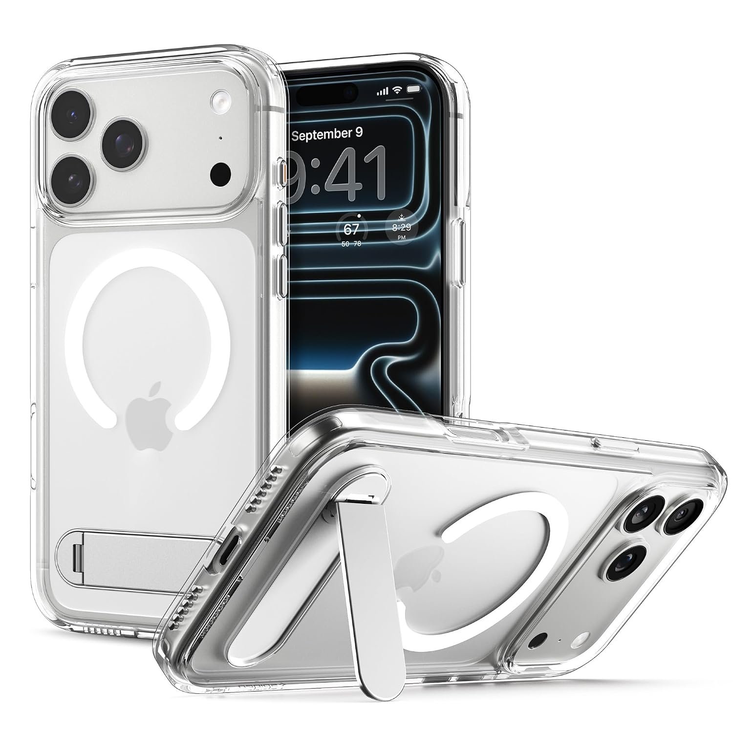 Spigen Ultra Hybrid S MagFit Case with Stand for iPhone 17 Pro Max, MagSafe Compatible Phone Cover [360° Rotating Kickstand] [Anti-Yellowing] - Clear White