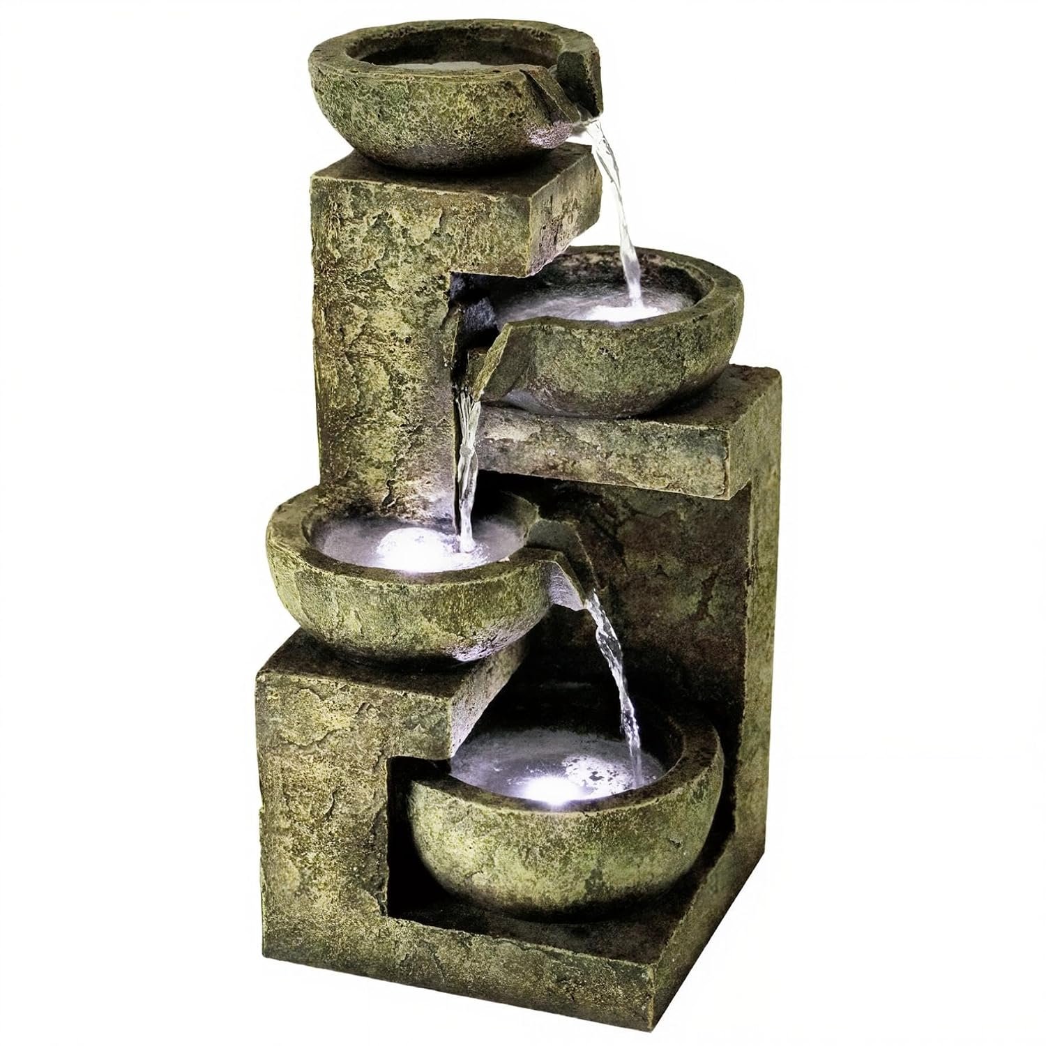 GEEZY Garden Water Feature – 4 Tier Fountain with LED Lights – Mains Powered, Self-Contained, Indoor & Outdoor – Easy Setup, Cascading & Tranquil – Great for Garden, Home, Patio & Balcony Decor