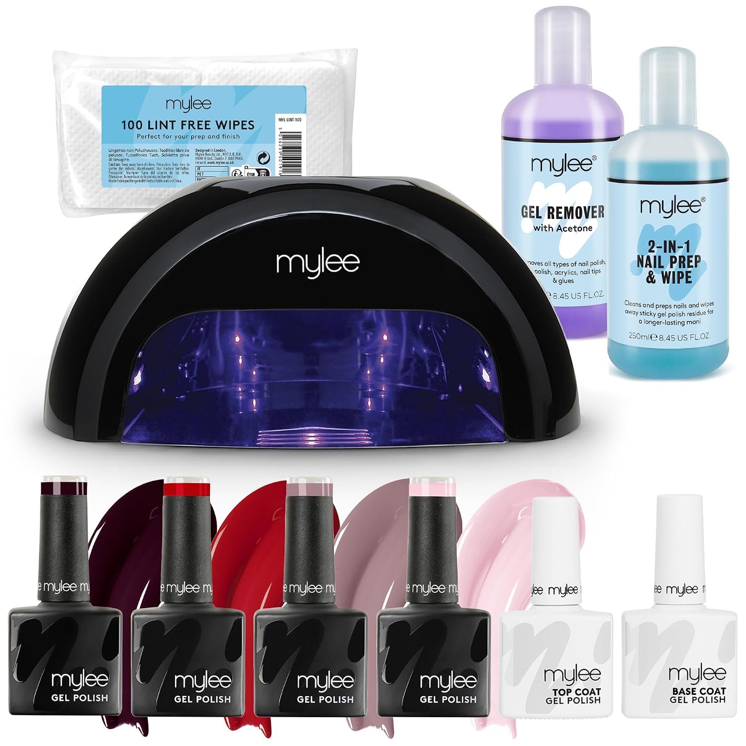 Mylee Professional Gel Nail Kit (Core) – Grande LED Nail Lamp, 4 Gel Polish Shades, Top & Base Coat, Prep & Wipe, Gel Remover – Premium At-Home Set & Gifts for Women