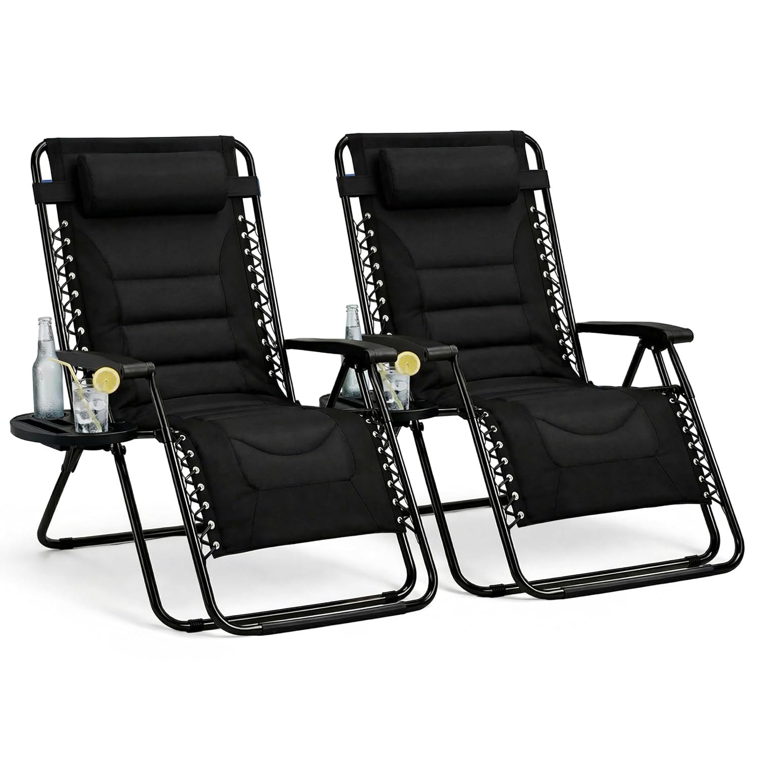 Straame XXL Padded Zero Gravity Chairs Set of 2, Folding Reclining Garden Chairs, Camping Chair Sun Loungers, Lockable 160° Patio Recliners with Adjustable Headrest(Padded, Black)