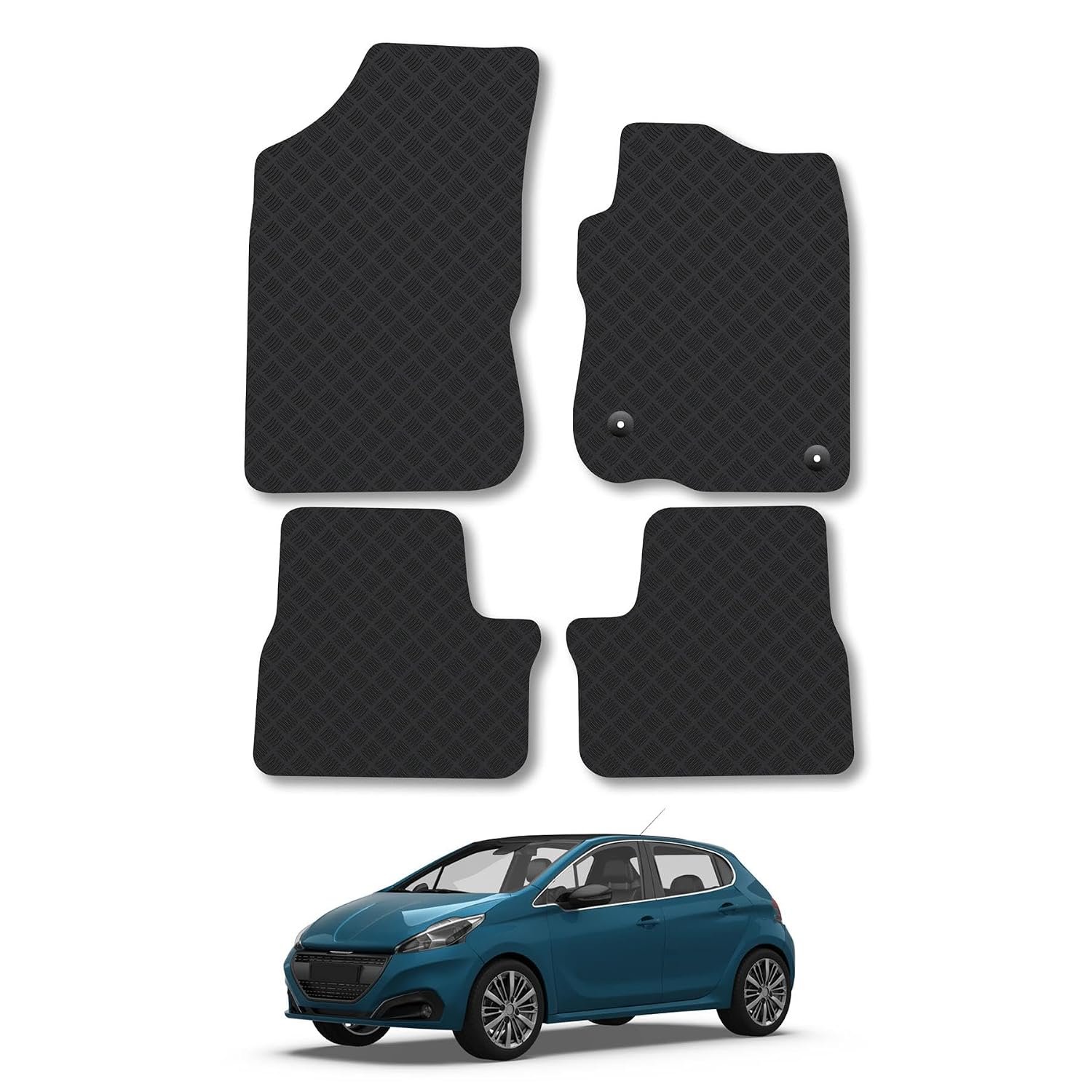 Peugeot 208 (2012-2020) Rubber Car Mats Accessories Tailored Fit Compatible Accessory Waterproof Protection Non-Slip Floor Mats Full Coverage Durable Front Rear Set Coverage with Clips