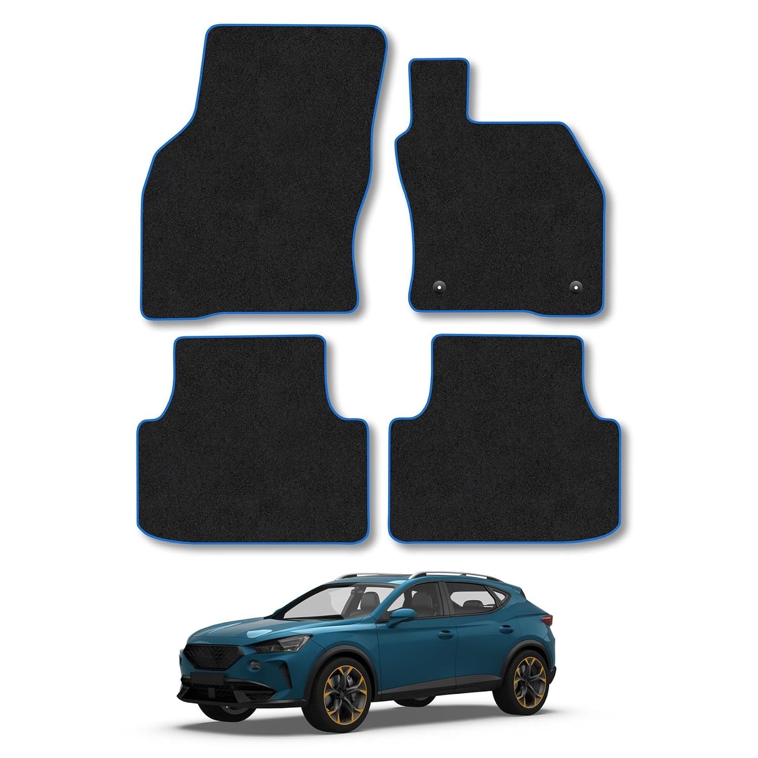 Cupra Formentor (2020+) Car Mats Accessories Tailored Fit Carpet Floor Mats Non Slip Blue Trim Full Coverage Compatible Accessory Granulated Backing Front Rear Set Anti Slip Hand-Finished Clips