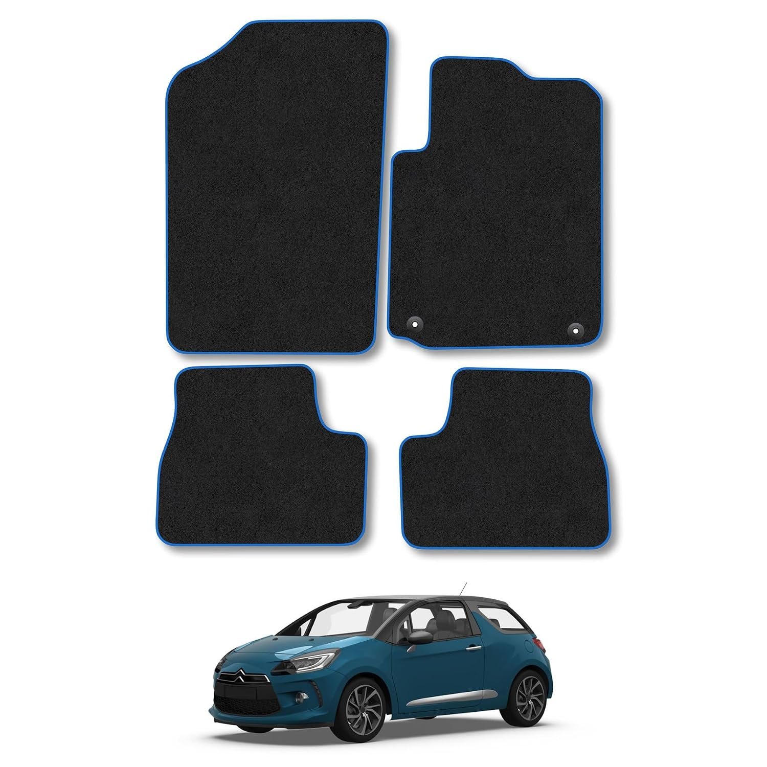 Citroen DS3 (2010-2016) Car Mats Accessories Tailored Fit Carpet Floor Mats Non Slip Blue Trim Full Coverage Compatible Accessory Granulated Backing Front Rear Set Anti Slip Hand-Finished Clips