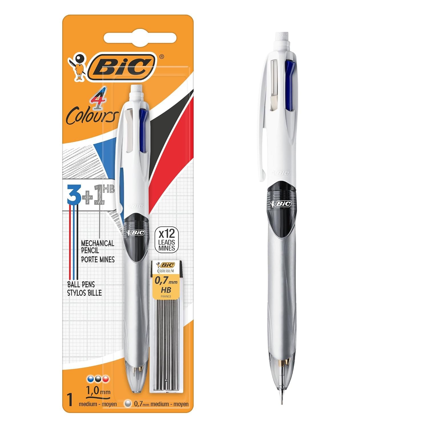 BIC 4 Colours Pen and Pencil Combo - Multicolour Retractable Ballpoint Pens and HB Pencil (12 x 0.7mm Leads)