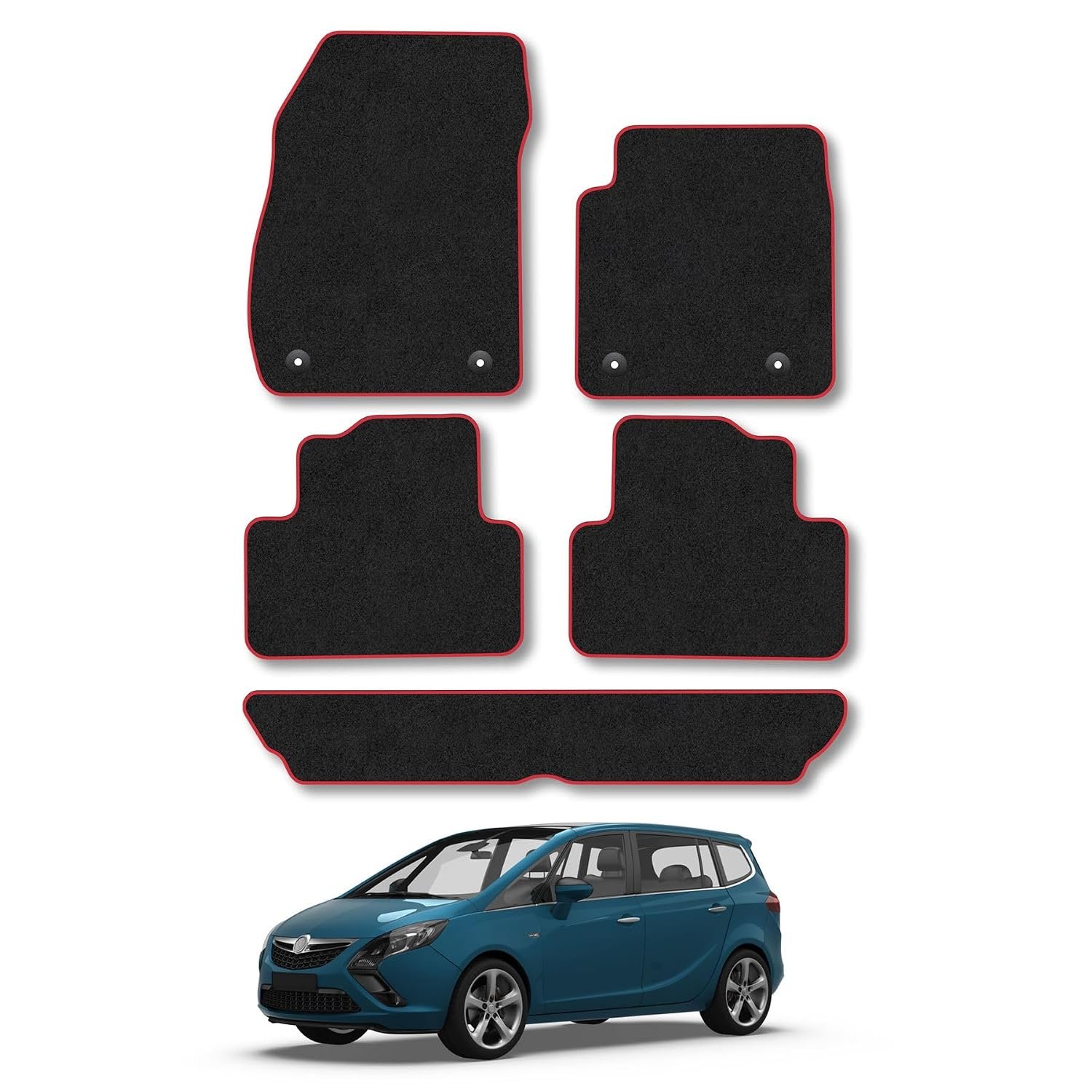 Vauxhall Zafira C (2012-2018) [7 Seat Tourer] Car Mats Accessories Tailored Fit Carpet Floor Mats Non Slip Red Trim Accessory Compatible Front Rear Set Anti Slip Backing Custom Fit Full Coverage Clips