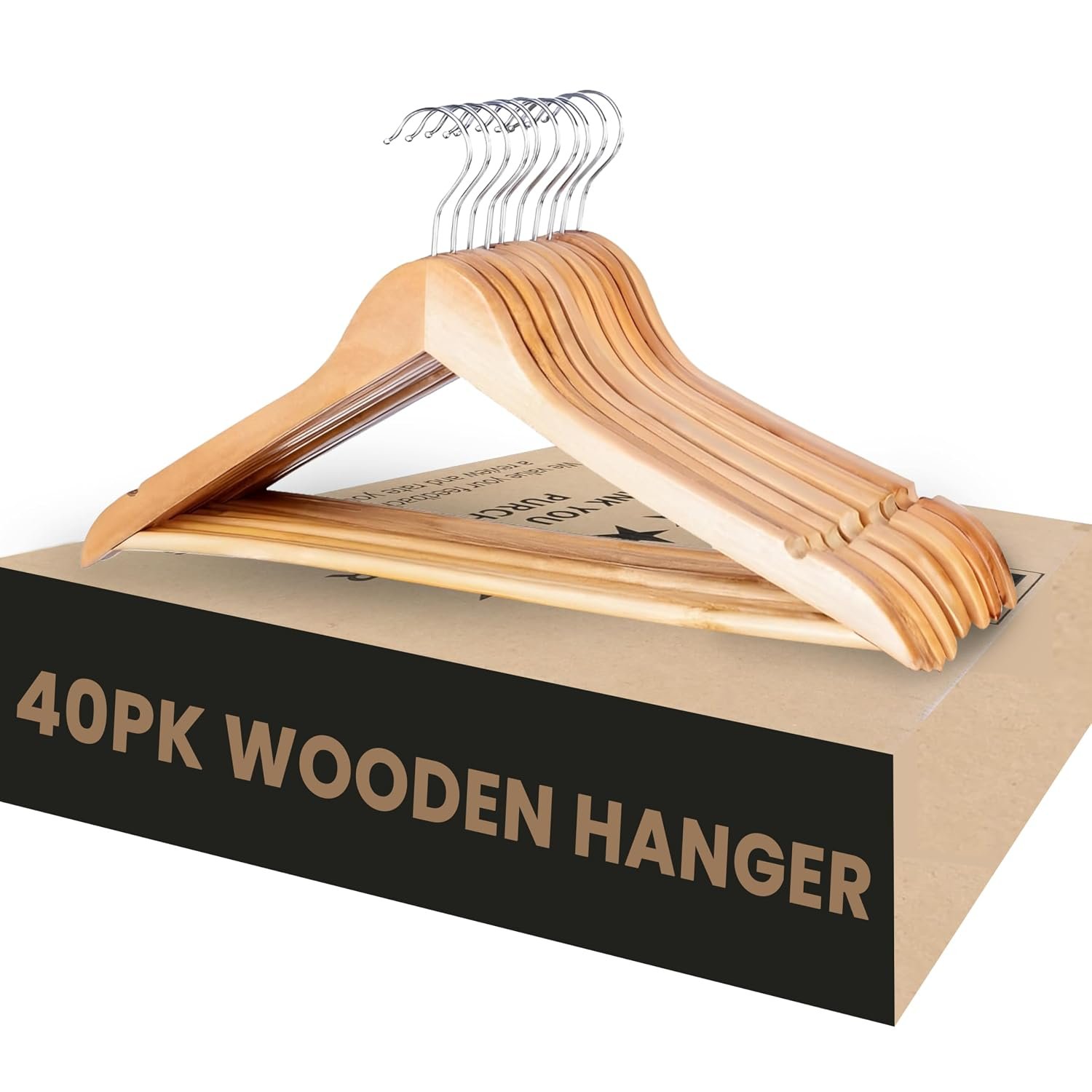 Aspect Wooden Hangers, 40 Pack Smooth Finish Natural Strong Brown Wooden Coat Hangers with Non Slip Pants Bar for Wardrobe Space Saver, 360° Swivel Hook and Precisely Cut Notches for Clothes