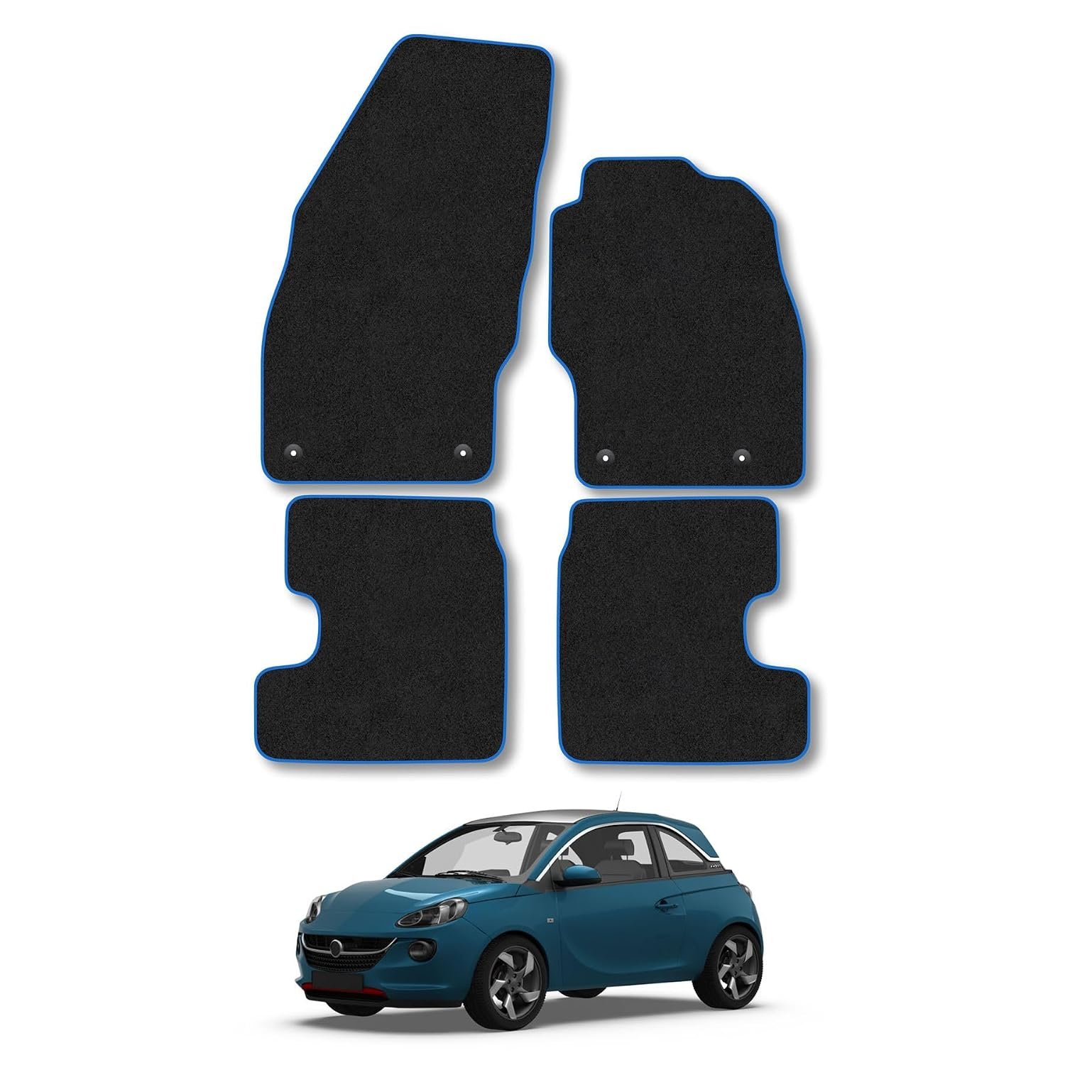 Vauxhall Adam (2012-2019) Car Mats Accessories Tailored Fit Carpet Floor Mats Non Slip Blue Trim Full Coverage Compatible Accessory Granulated Backing Front Rear Set Anti Slip Hand-Finished Clips