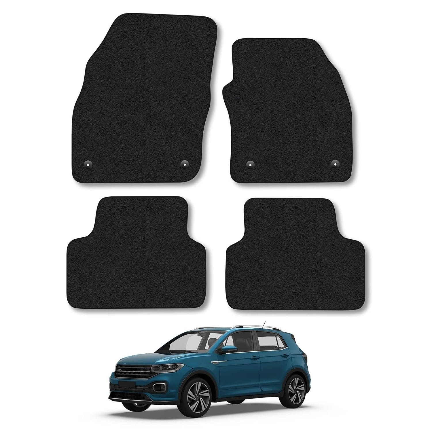 VW T-Cross (2019+) Car Mats Accessories Tailored Fit Carpet Floor Mats Non Slip Black Trim Full Coverage Compatible Accessory Front Rear Set Anti Slip Granulated Backing Hand-Finished Clips