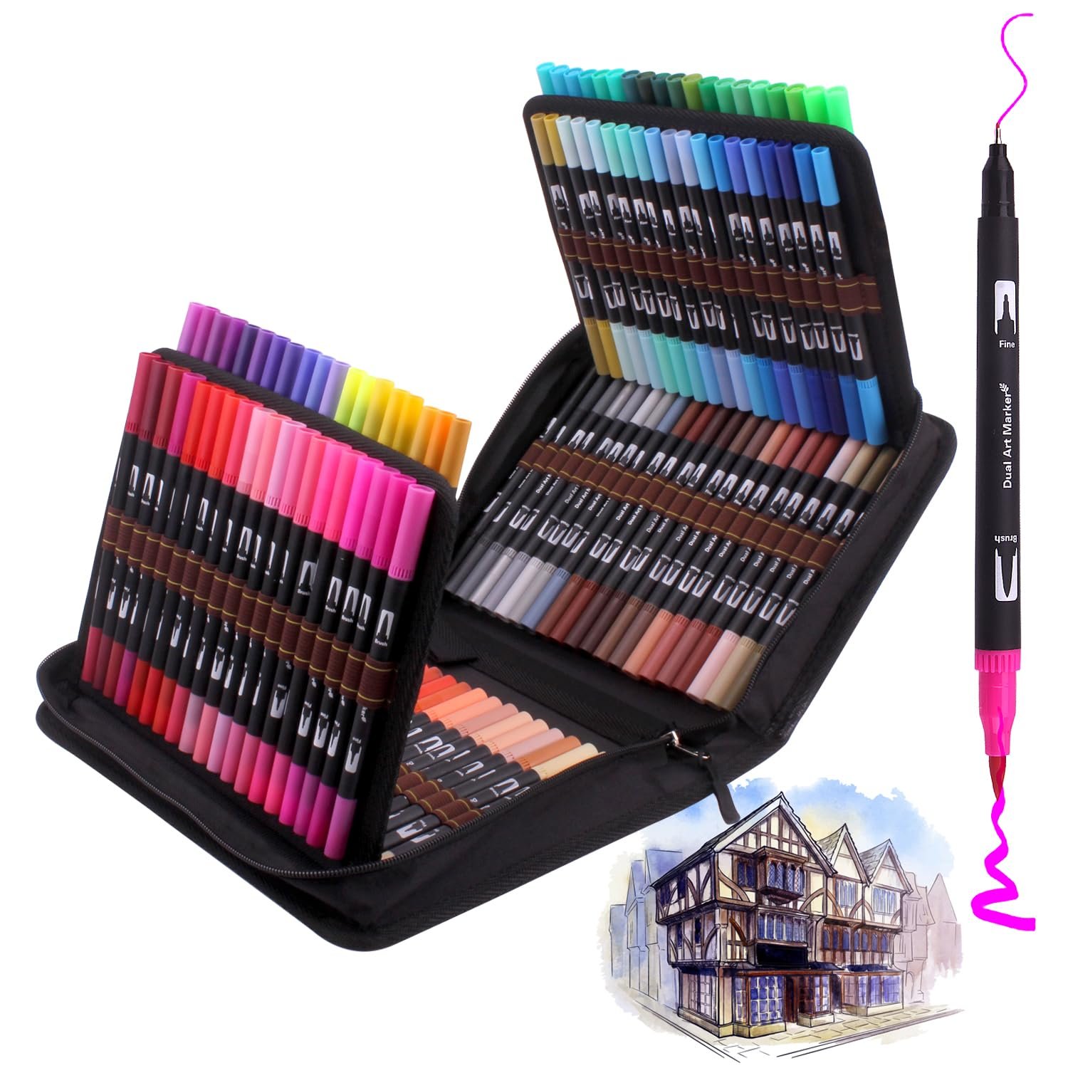 Laconile Colouring Pens,120 Dual Tip Brush Pens Watercolour Brush Fineliner Felt Pens Art Markers, Water Based Coloured Pens for Calligraphy Drawing Sketching Colouring Book