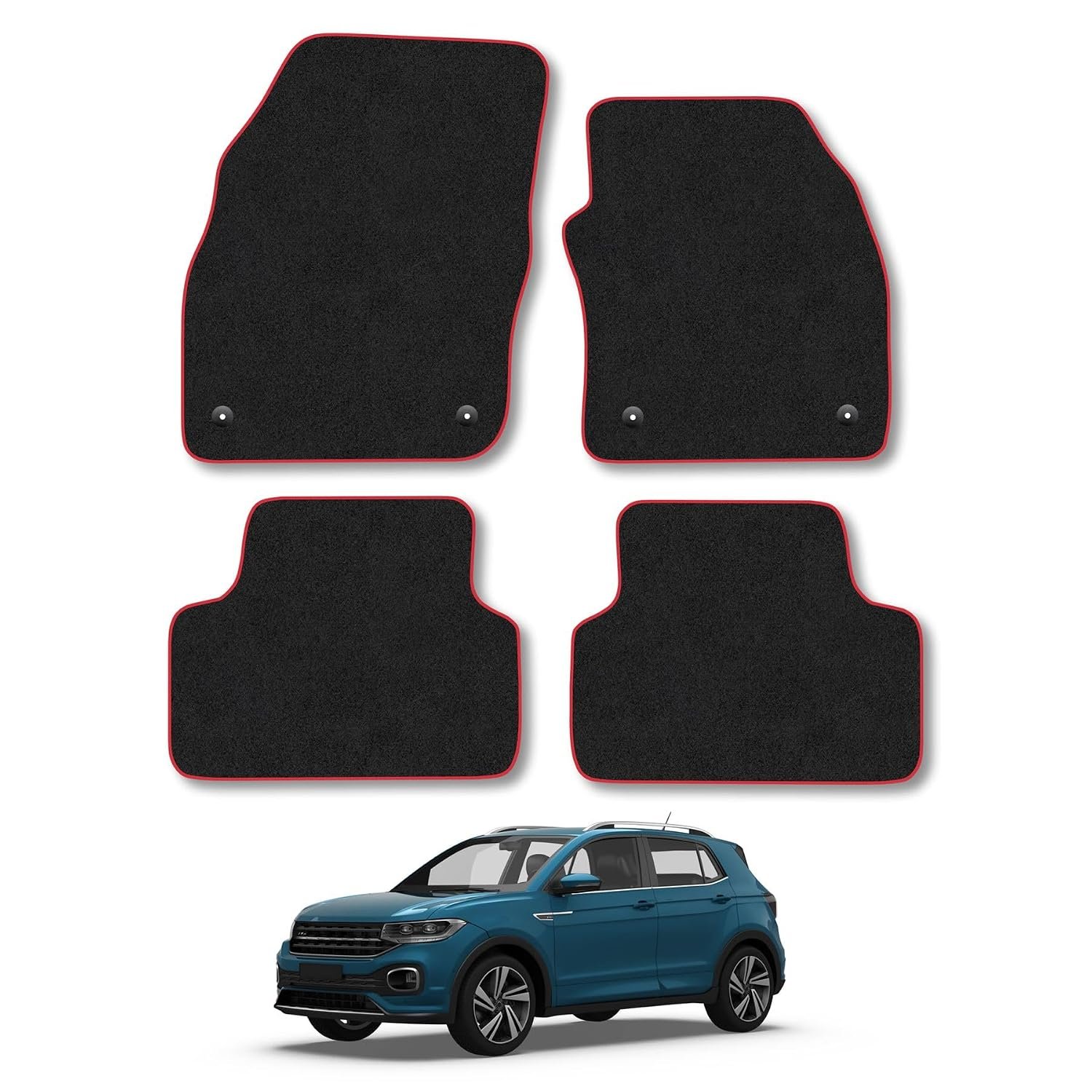 VW T-Cross (2019+) Car Mats Accessories Tailored Fit Carpet Floor Mats Non Slip Red Trim Accessory Compatible Front Rear Set Anti Slip Backing Custom Fit Hand-Finished Full Coverage Clips