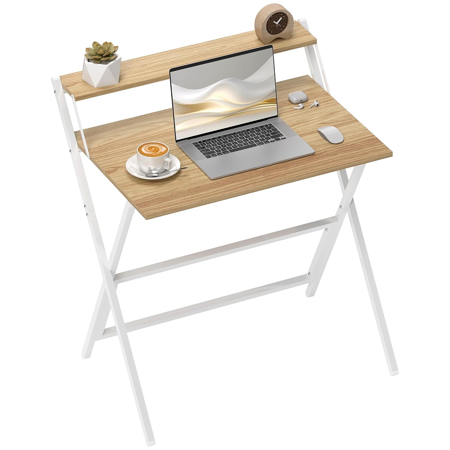 HOMCOM Folding Desk with Monitor Shelf, 81.5 cm Foldable Computer Desk for Small Spaces, Space Saving Writing Table Workstation for Home Office, Study, Easy Assembly, Natural Wood Finish