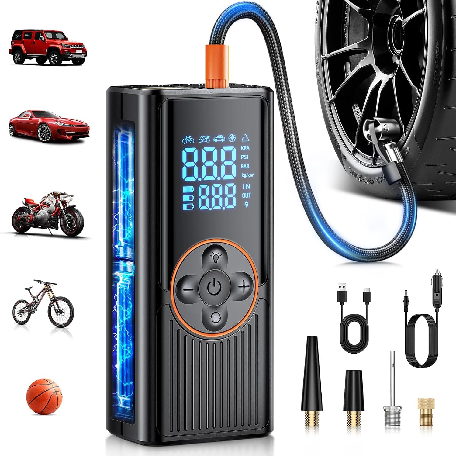 Tyre Inflator Air Compressor 8000mah, 150PSI Rechargeable Car Tyre Pump, Dual-Power Electric Bike Pump with Digital Display & LED Light, 4 Different Nozzles, Auto-Shutoff for Car,Motorcycle,Bike,Ball