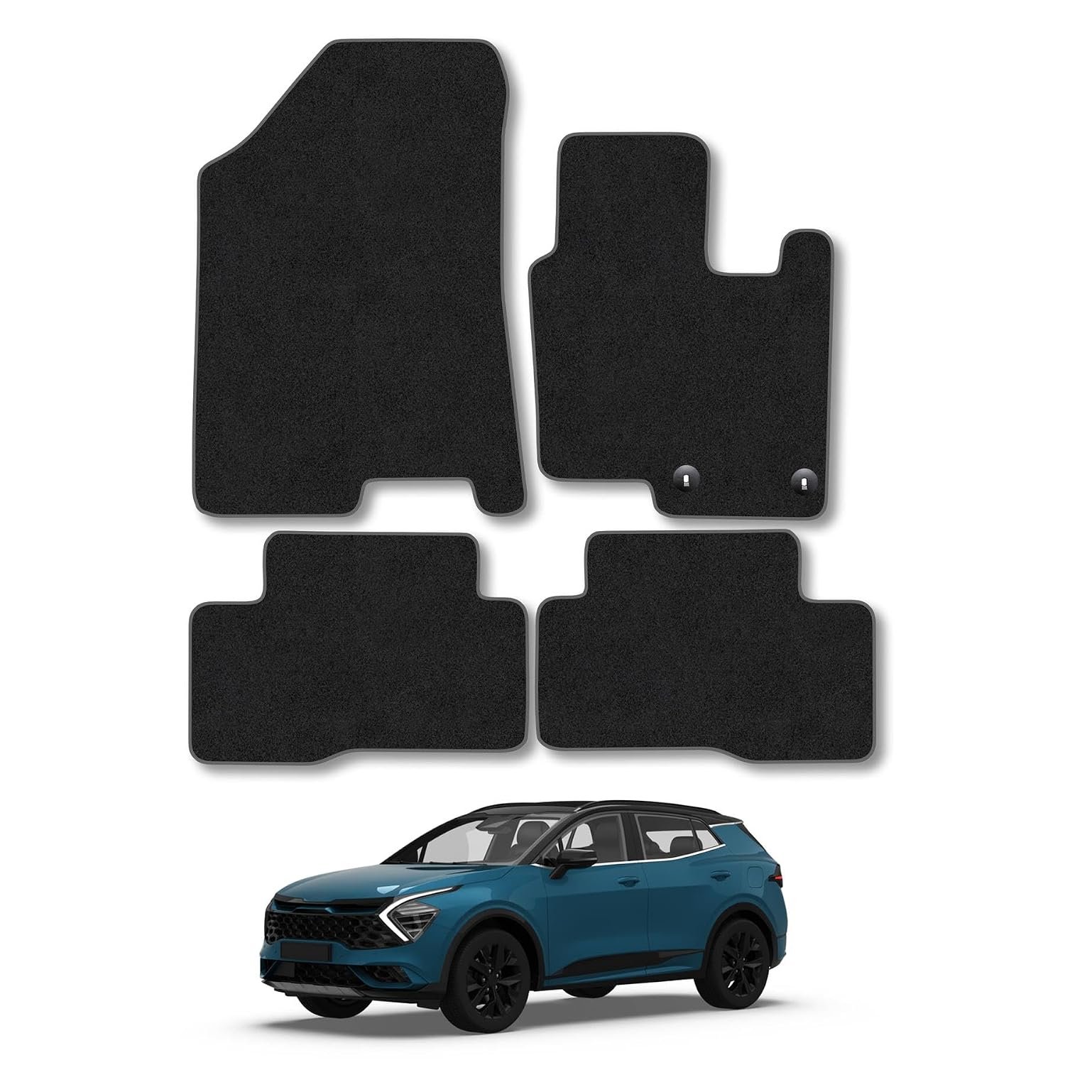 Kia Sportage (2022+) [Hybrid] Car Mats Accessories Tailored Fit Carpet Floor Mats Non Slip Blue Trim Full Coverage Compatible Accessory Granulated Backing Front Rear Set Anti Slip Hand-Finished Clips