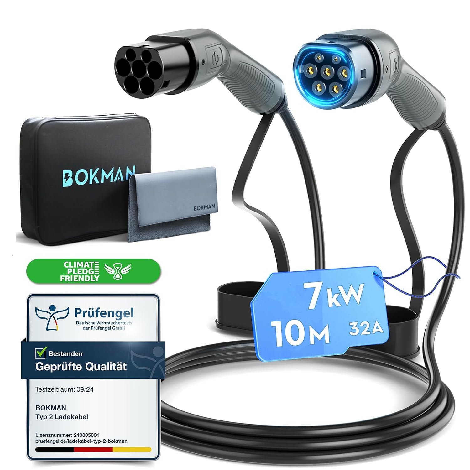 bokman Type 2 EV Charging Cable, Mode 3 / 32A / 7.2KW / 1 Phase / 10 Meter, Electric Vehicle Car Plug-in Hybrid Type 2 to Type 2 Fast Charging Cable