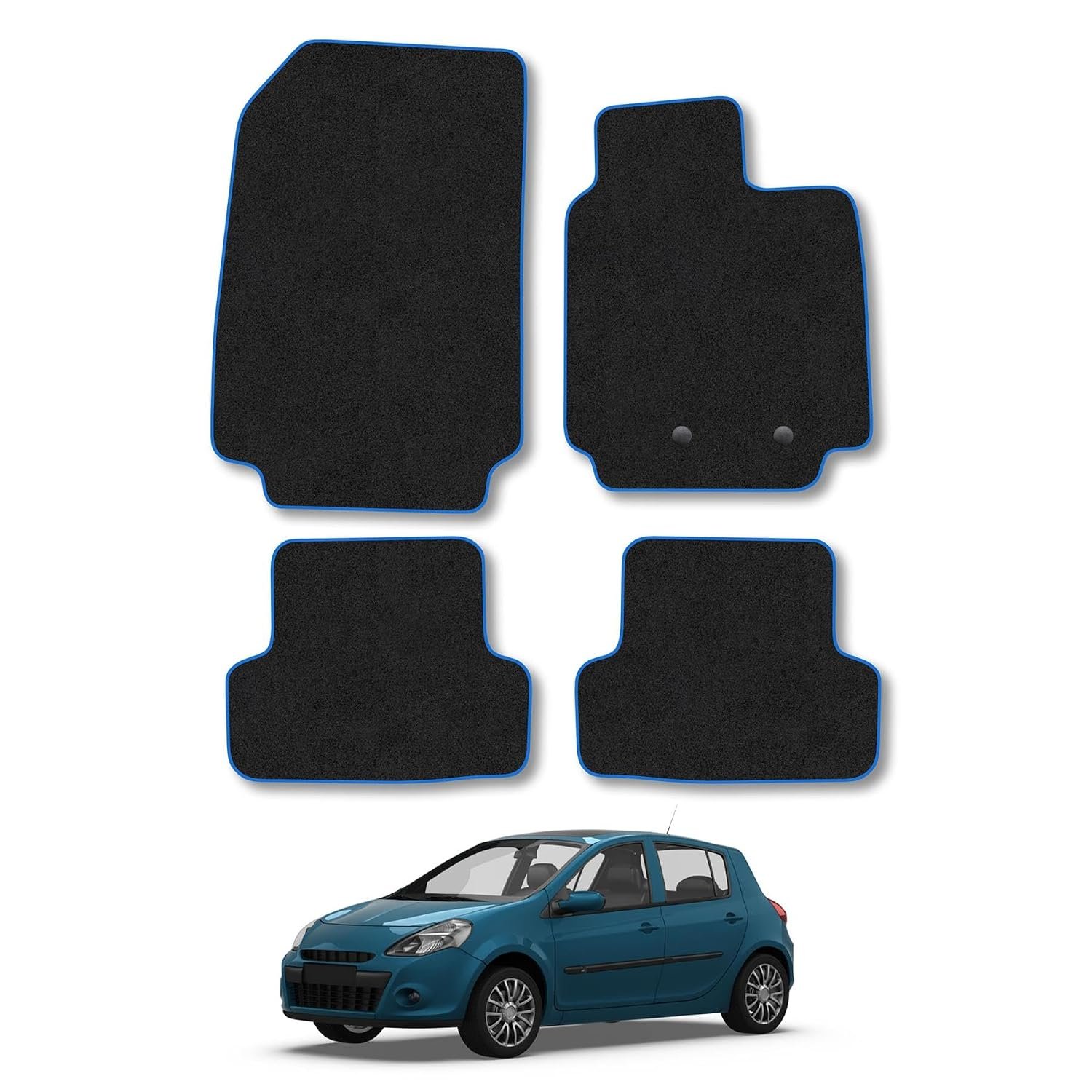 Compatible Car Mats with Renault Clio (2006-2013) Blue Trim Carpet Tailored Fit Car Floor Mats Set Accessory Custom Fit Water-Resistant Anti Slip Backing All Weather Full Coverage With Clips