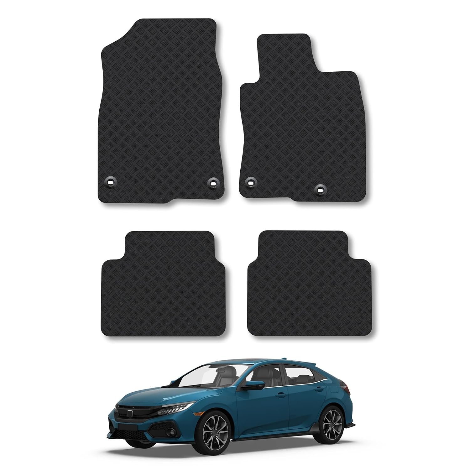 Honda Civic (2017-2022) Rubber Car Mats Accessories Tailored Fit Compatible Accessory Waterproof Protection Non-Slip Floor Mats Full Coverage Durable Front Rear Set Coverage with Clips