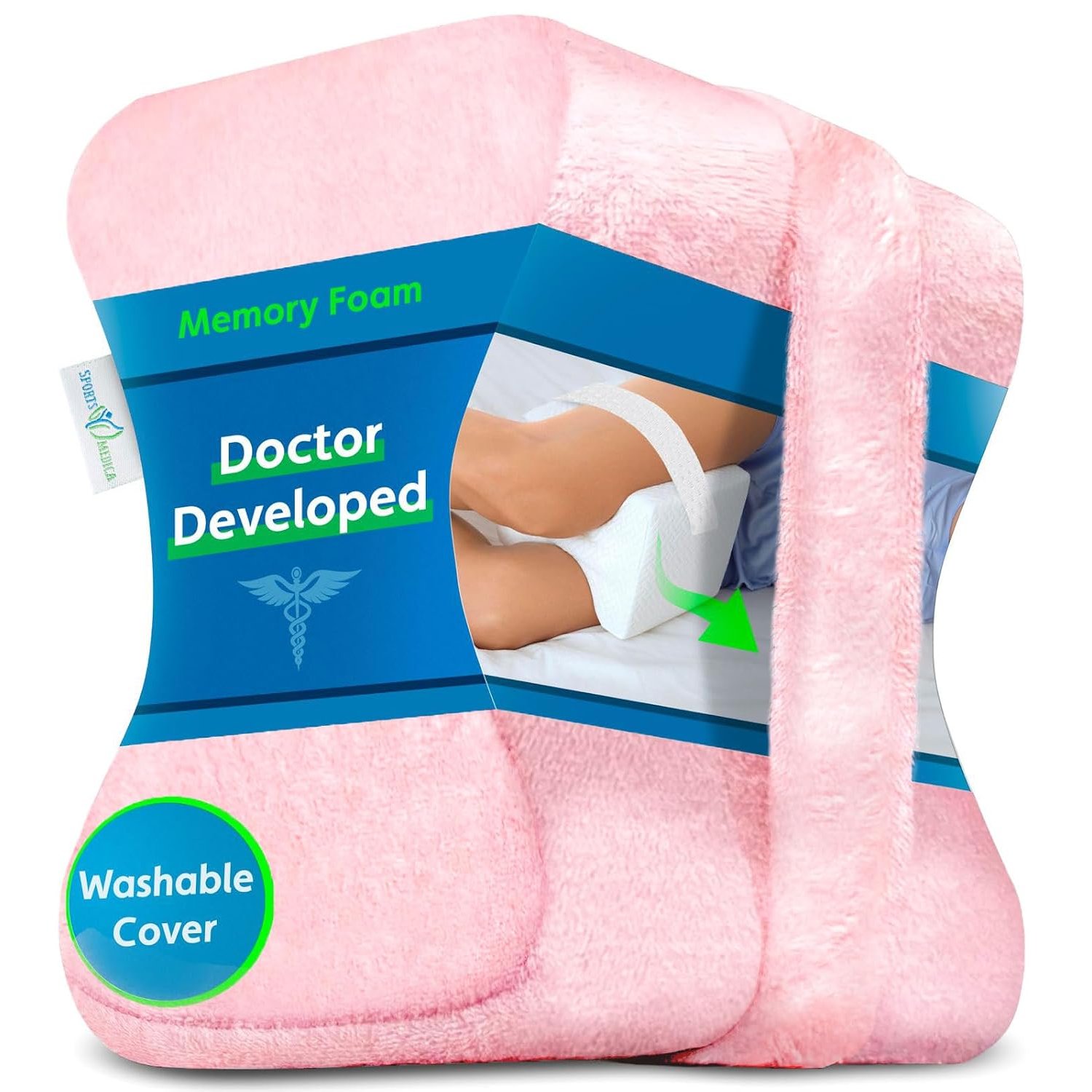 Sports Medica Ergonomic Knee Pillow - Memory Foam Leg Cushion for Sleeping on Side - eHandbook Included - for Lower Back, Knees, Hips, and Pregnancy Ache