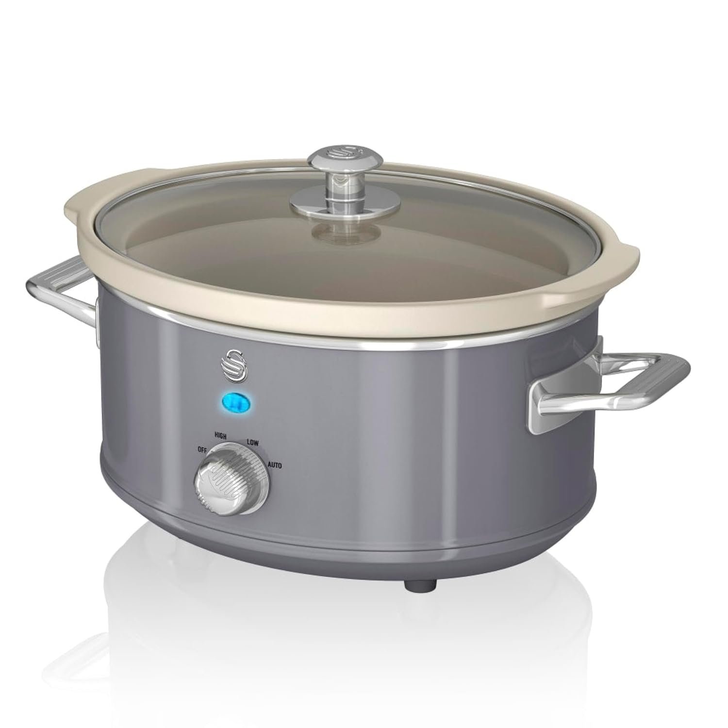 Swan Retro Slow Cooker with 3 Temperature Settings, Keep Warm Function, Removable Dishwasher Safe Pot, Up to 4 Portions, 3.5L, 200W, Retro Grey, SF17021GRN