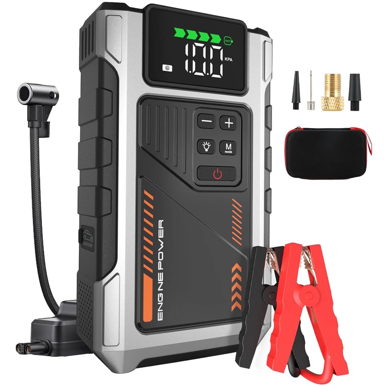 Eigotrav 6000A Jump Starter Power Pack with 150PSI Air Compressor, 12V Car Battery Booster (10L Gas/8.5L Diesel), Portable Car Jump Starter Power Bank with LCD Display, LED Light, Silver