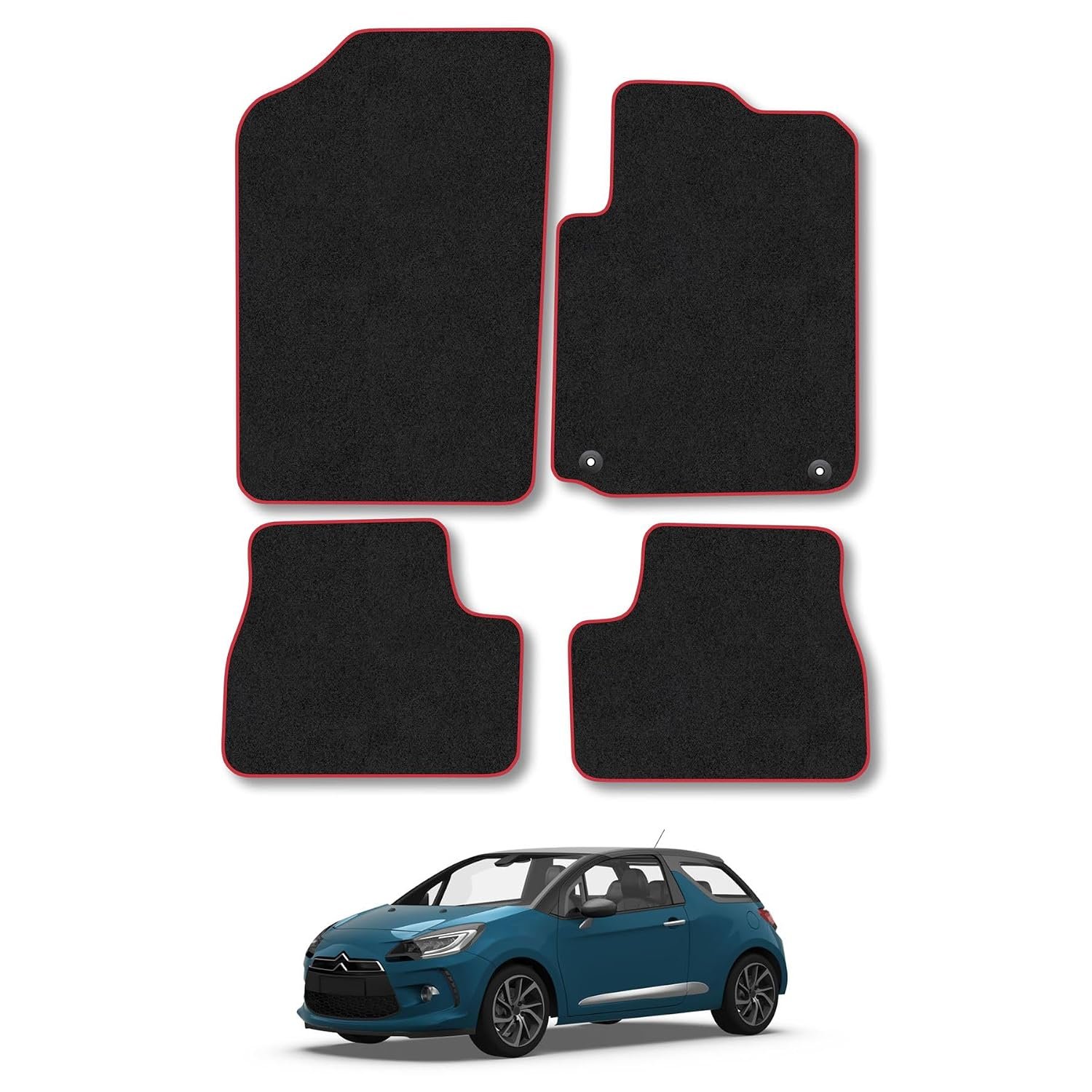 Citroen DS3 (2010-2016) Car Mats Accessories Tailored Fit Carpet Floor Mats Non Slip Red Trim Accessory Compatible Front Rear Set Anti Slip Backing Custom Fit Hand-Finished Full Coverage Clips