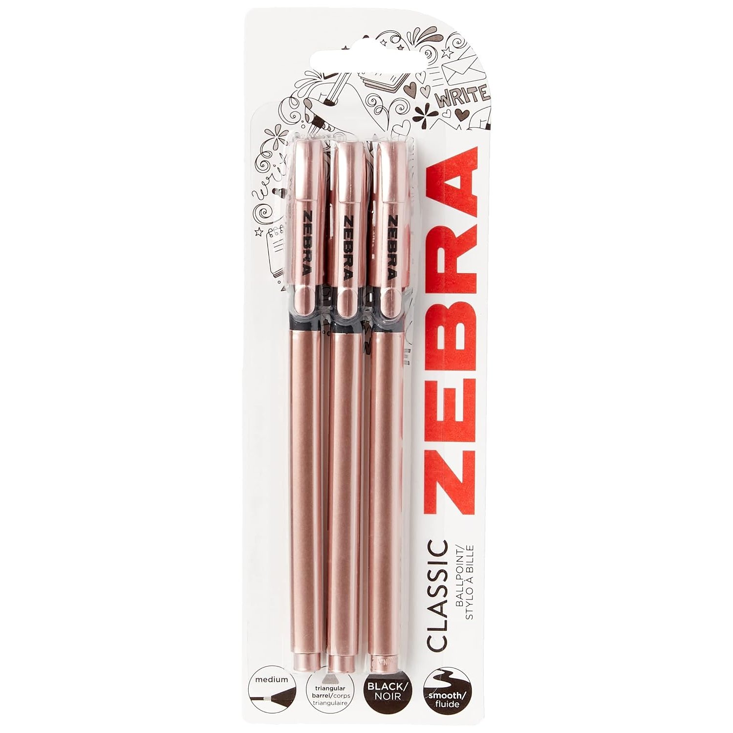 Zebra Pen Z Grip Black Pens Ballpoint, Super Trendy Rose Gold Ballpoint Pens With Triangular Barrel, Black Ink, Reliable Black Biro Multipack For Everyday Use - Medium Point, 3 pk