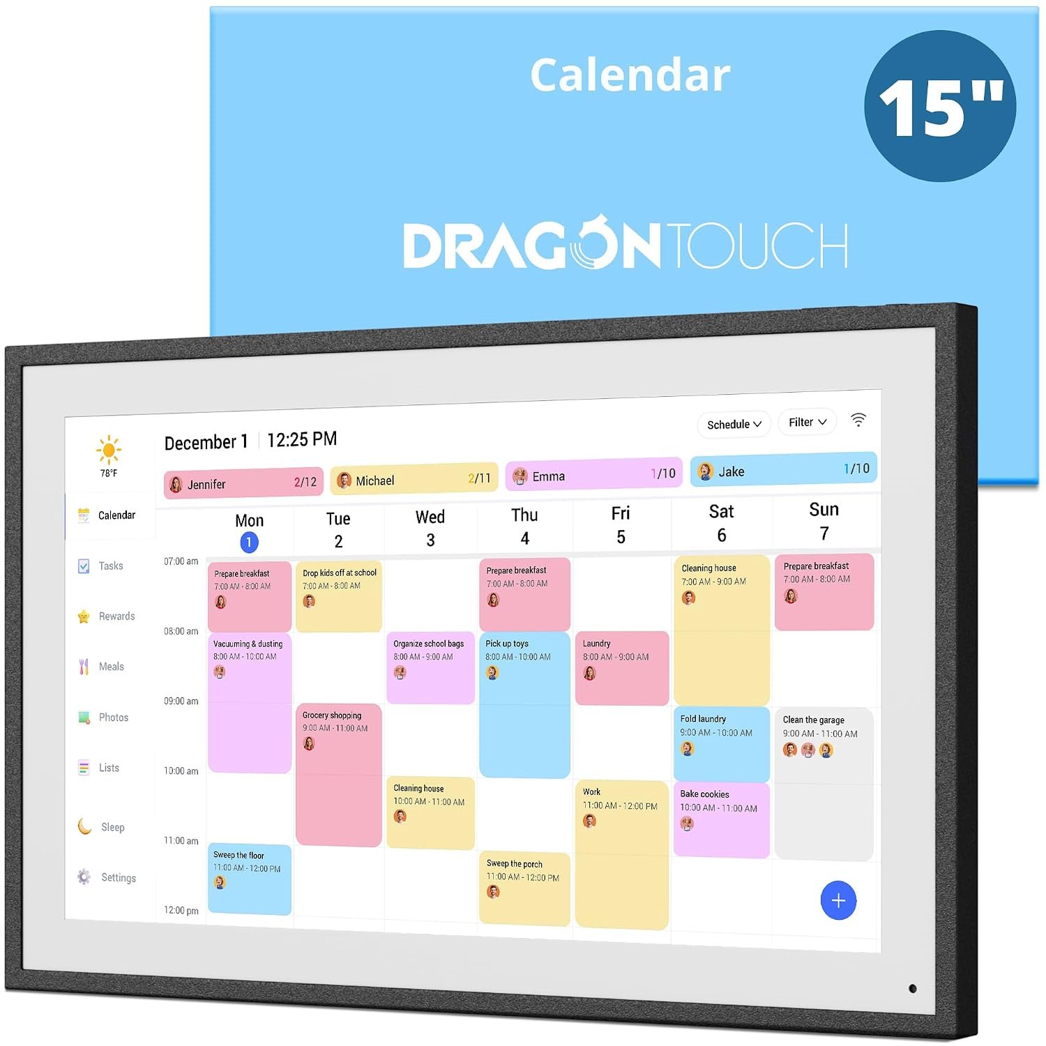 Dragon Touch Calendar, 15.6" Digital Calendar 2026 Family Wall Planner, 1080P Full HD Interactive Touchscreen, Smart Chore Chart and Home Organization, Gift for Busy Families Scheduling-Black